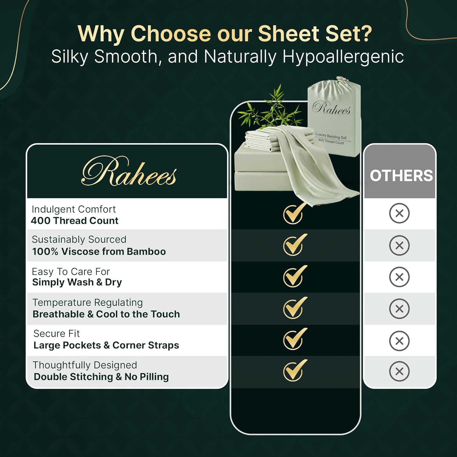 100% Viscose Derived from Bamboo Sheets Queen Size | 6 Pcs Set | Soft, Breathable and Cooling for Hot Sleepers | Double Stitching | 18” Deep Pocket | 4 Pillowcases | OEKO-TEX Certified [Sage Green] - Image 6
