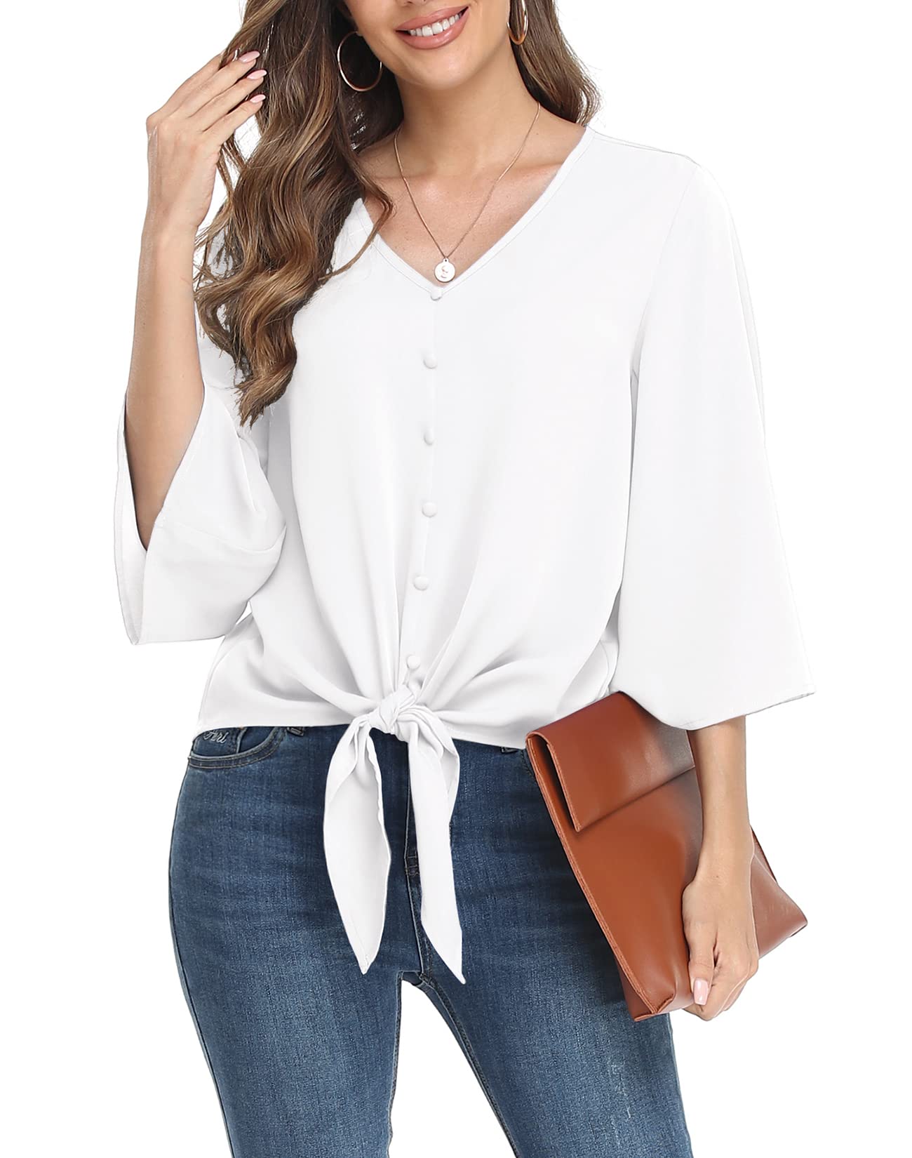 VIISHOW Women's Button V Neck Chiffon Tops 3/4 Bell Sleeve Tie Knot Casual Blouses Loose Summer Shirts