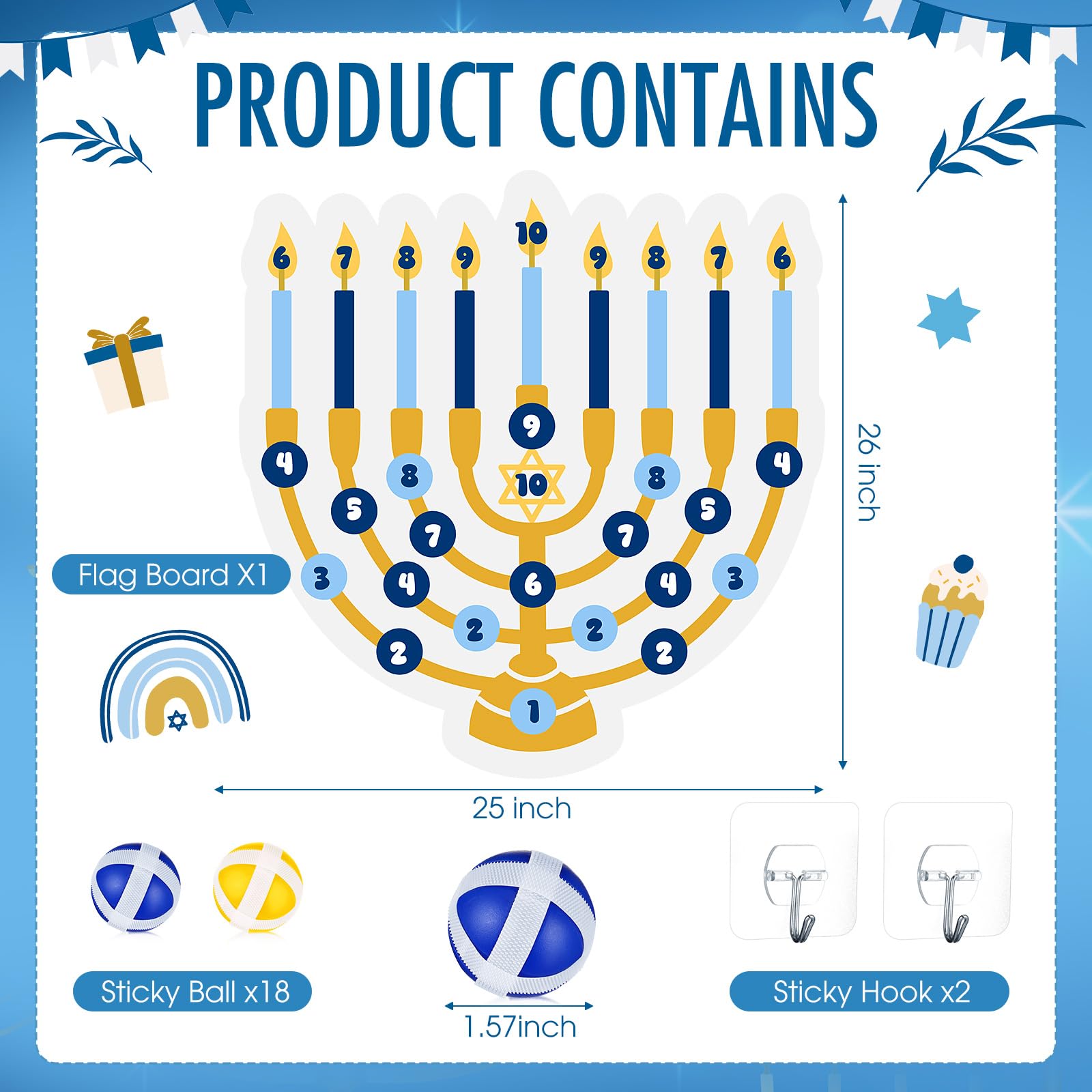 Hanukkah Party Games Party Decorations 26 x 25 Menorah Dart Board with 18 Sticky Balls Hanukkah Activities Chanukah Gifts Chanukah Favors