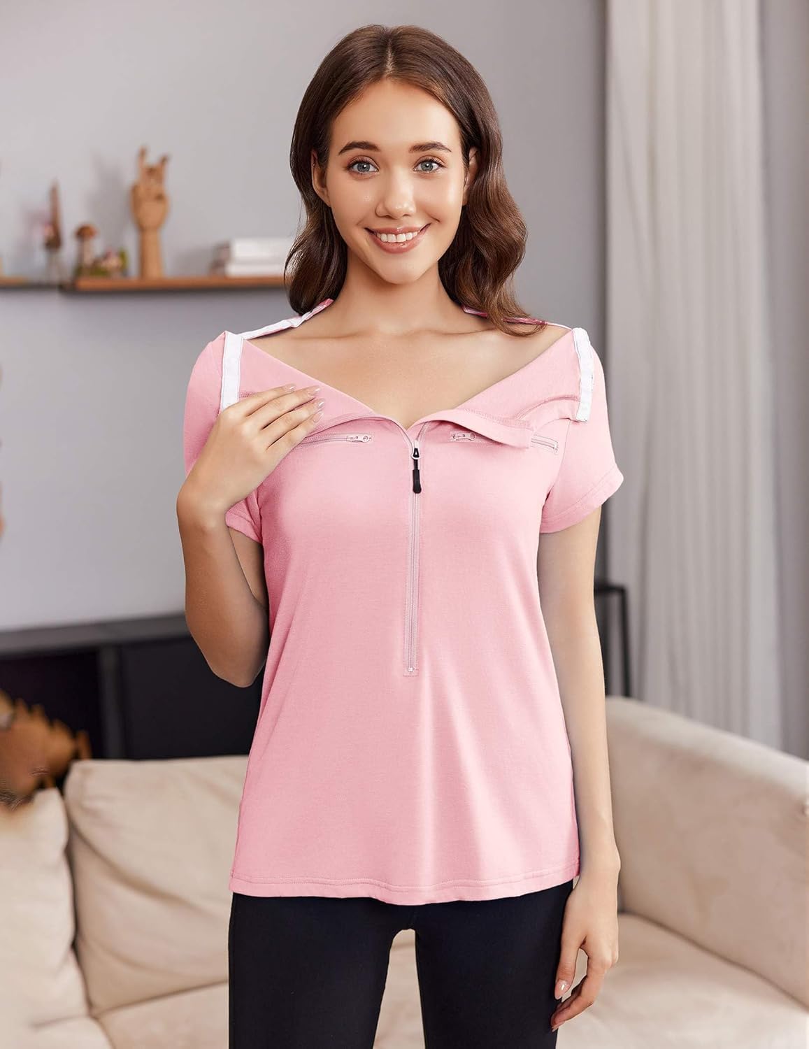 Deyeek Chemo Shirts for Port Access Women 2 Side Snap Short Sleeve Shoulder Surgery Rotator Cuff Dialysis Recovery Shirts - Image 2