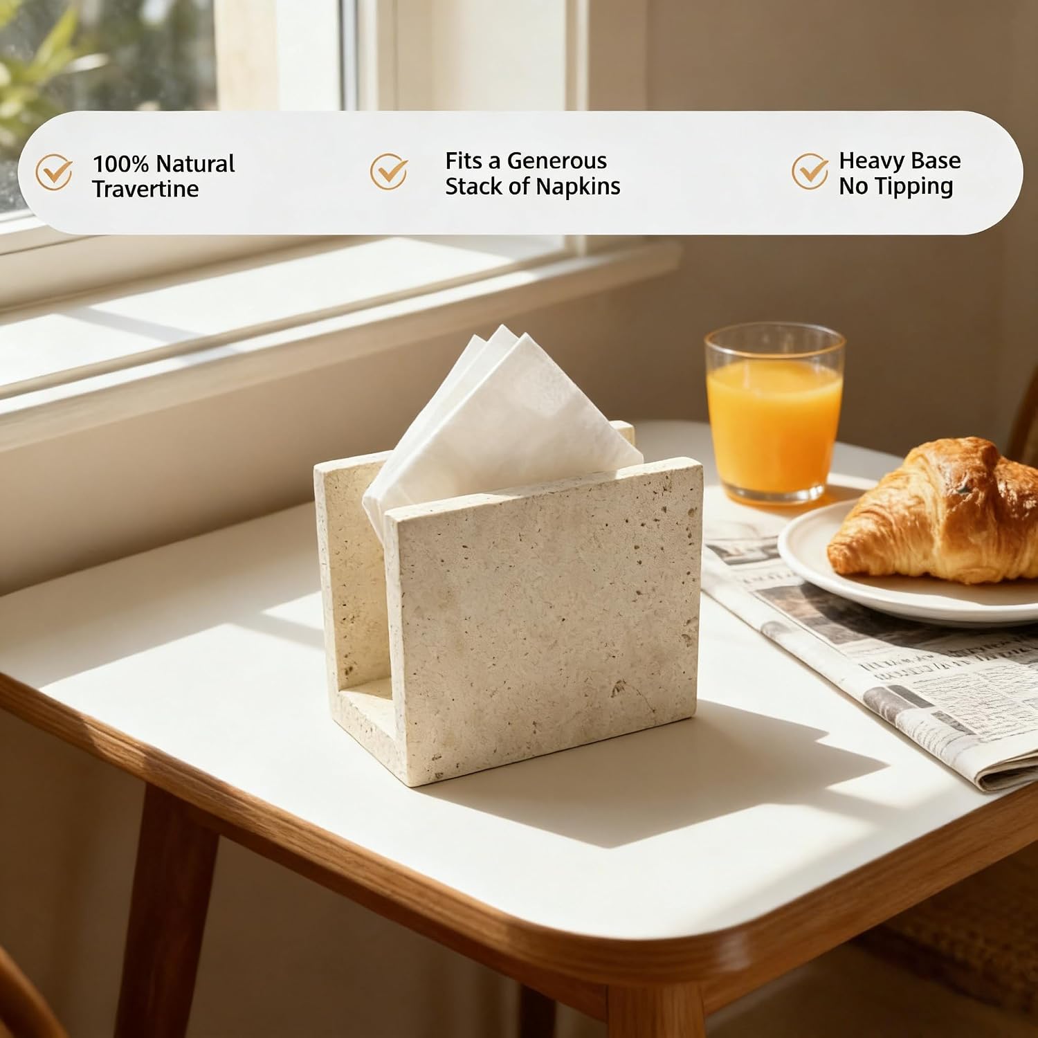 Marble Napkin Holder for Table, Upright Design Rustic Farmhouse Style Cloth or Dinner Napkin Holder for Kitchen, Travertine Stone Decorative Beverage Napkin Organizer