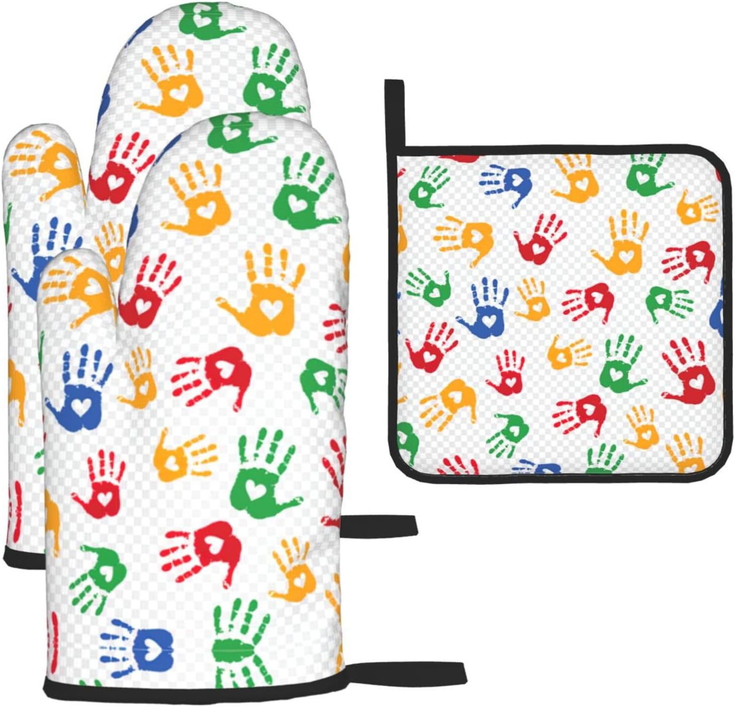 Colorful Hand Shapes Rainbow Print Heat Resistant Microwave Gloves, Used for Baking, Cooking, and Fashion Kitchen Essentials