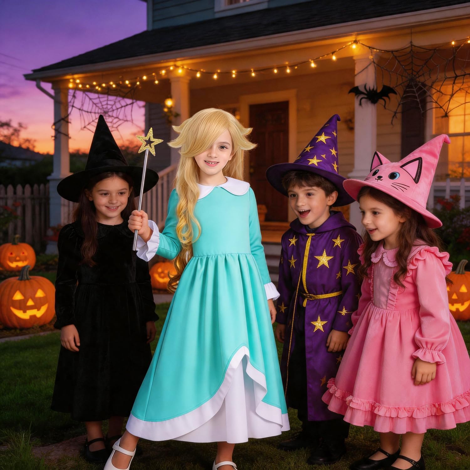 Girls Princess Dress with Accessories, Blue Princess Dress with Wig Wand Crown Earrings and Star Earrings