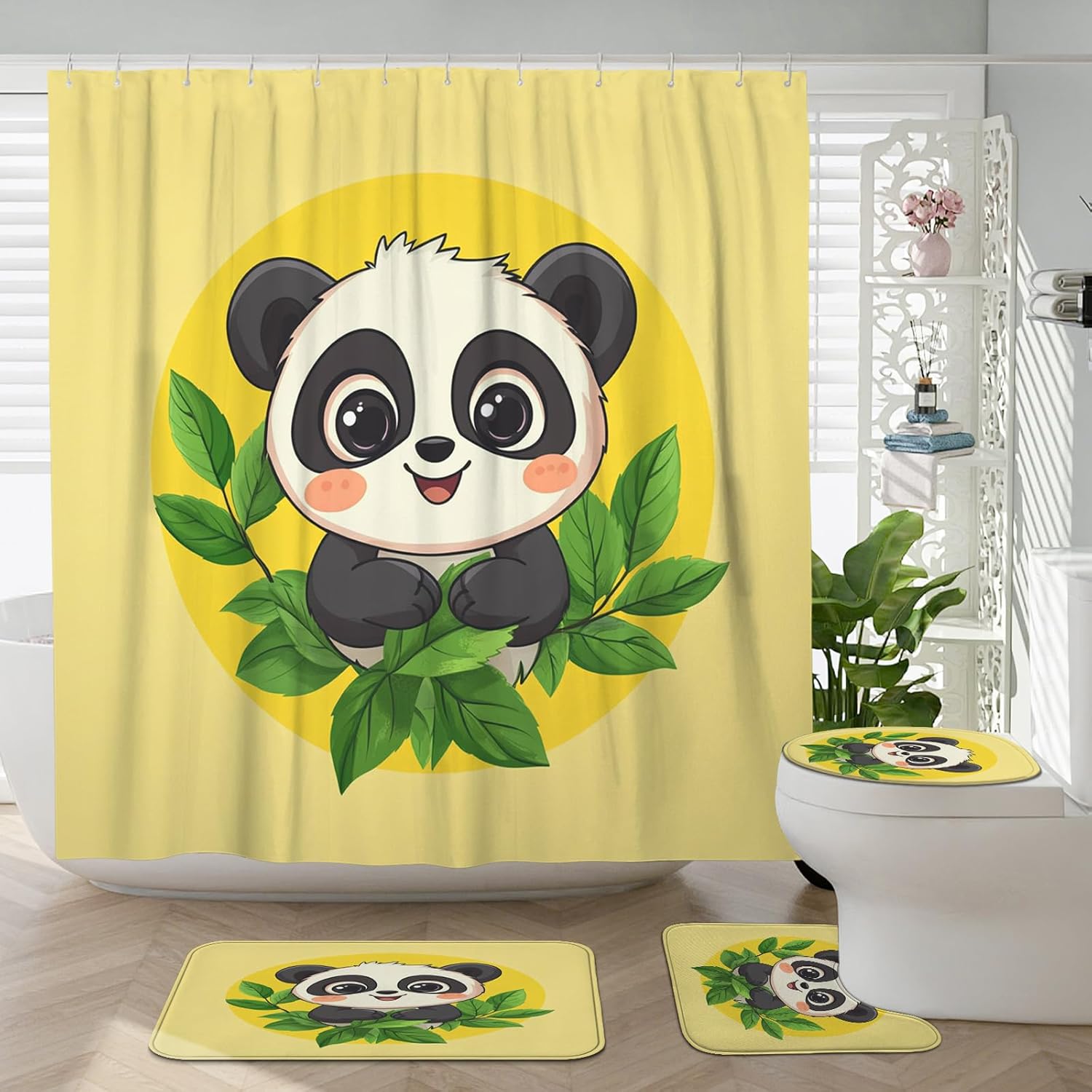 4PCS Fun Panda Pet Shower Curtain Sets with Non-Slip Rug, U Shape and Toilet Lid Cover Mat, Cartoon Kid Plants Bath Decor, Bathroom Accessory with Hooks