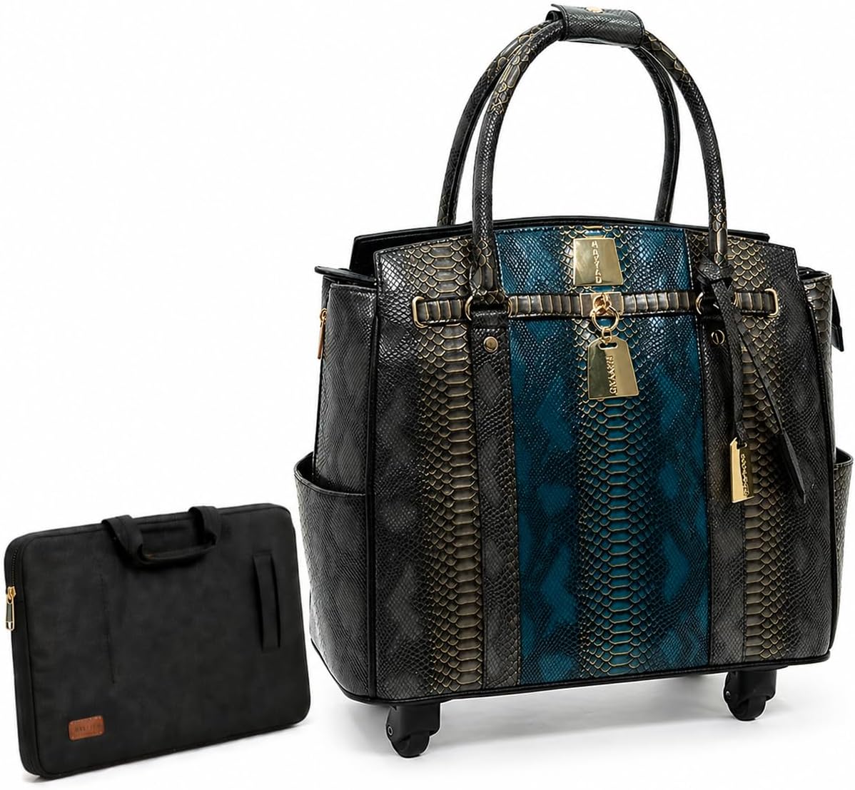 Rolling Laptop Bag for Women with Wheels & Handle Luxury Pure Leather Embossed Work Bag with Laptop Sleeve Travel Briefcase