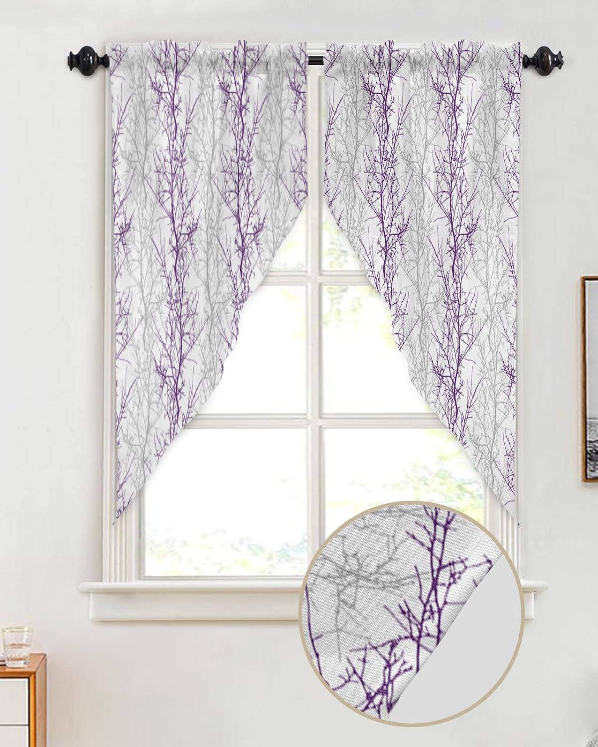 Purple Grey Swag Valances for Windows 2 Pack, Pastoral Botanical Kitchen Window Curtains 36 Inch Length, Gray Branch Aesthetics Privacy Swag Curtains for Living Room/Bathroom with Rod Pocket 36"x36"