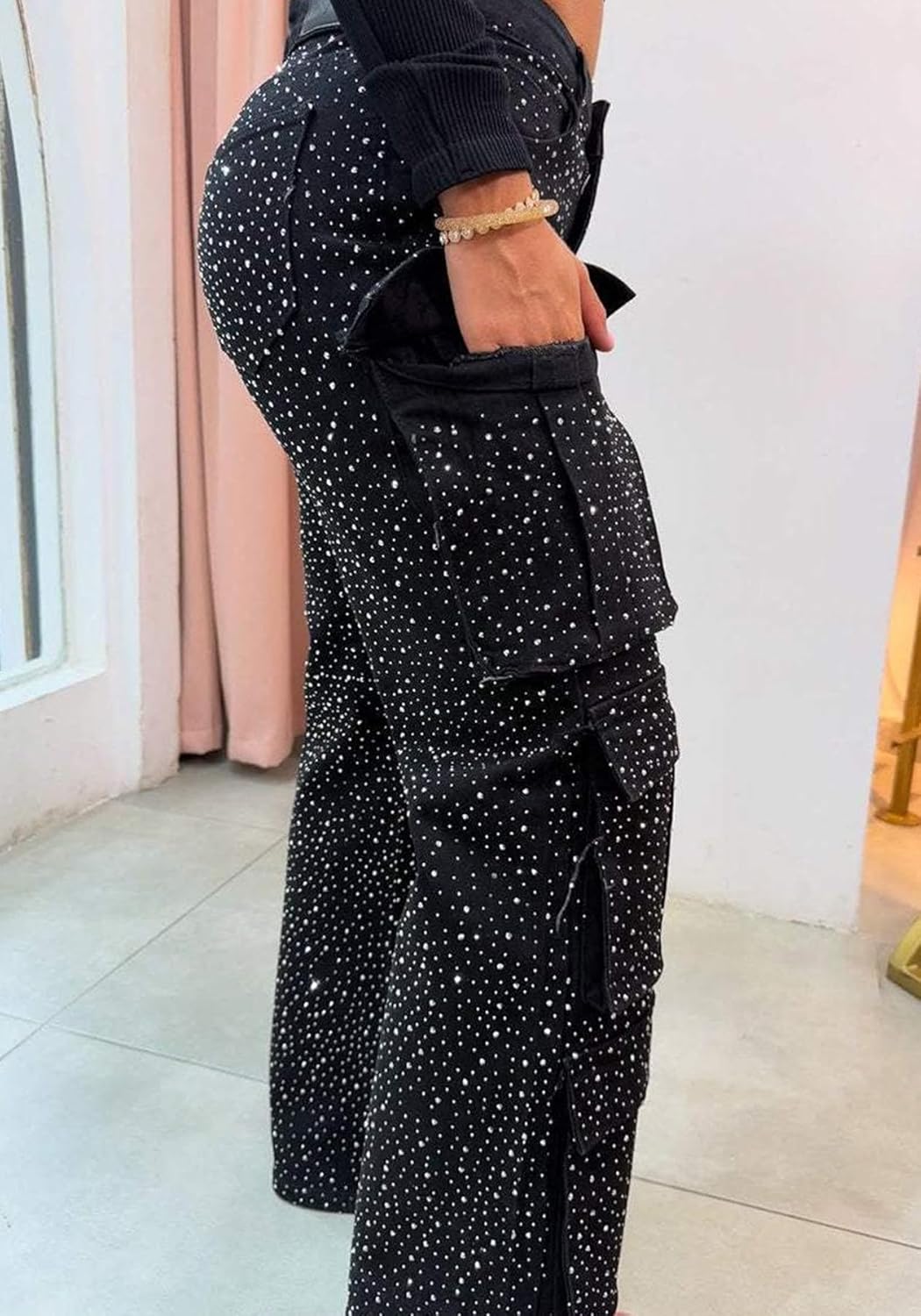 DINGANG Women Rhinestone Jeans Cargo High Waisted Straight Leg Denim Pants Y2K Streetwear Sparkly Jean - Image 4