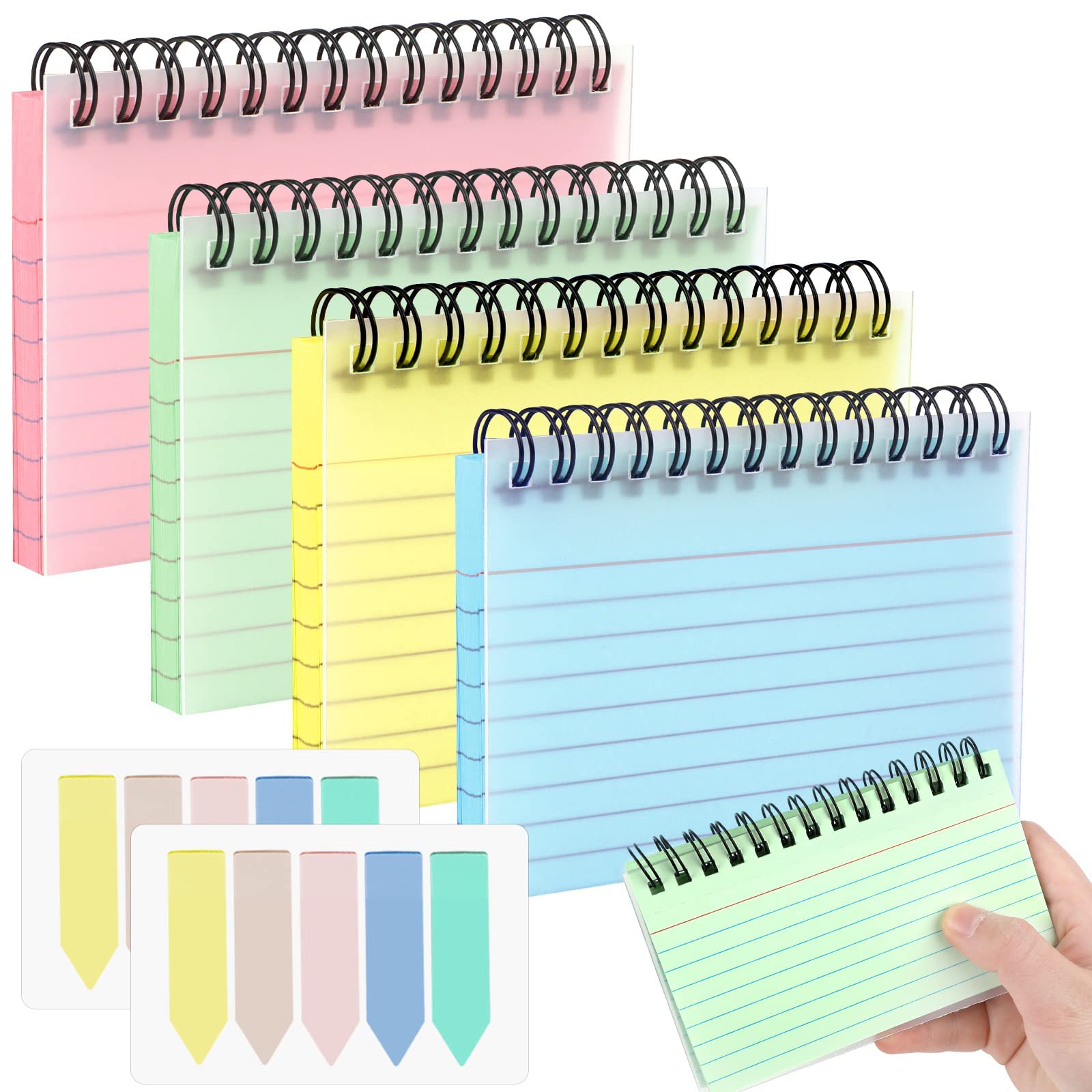 Index Cards Revision Cards, Coloured Spiral Bound Flash Cards, Lined Index Cards with Protective Cover and Index Tabs, Record Cards for Office, School, Home Note Taking 13x8 cm(Yellow)