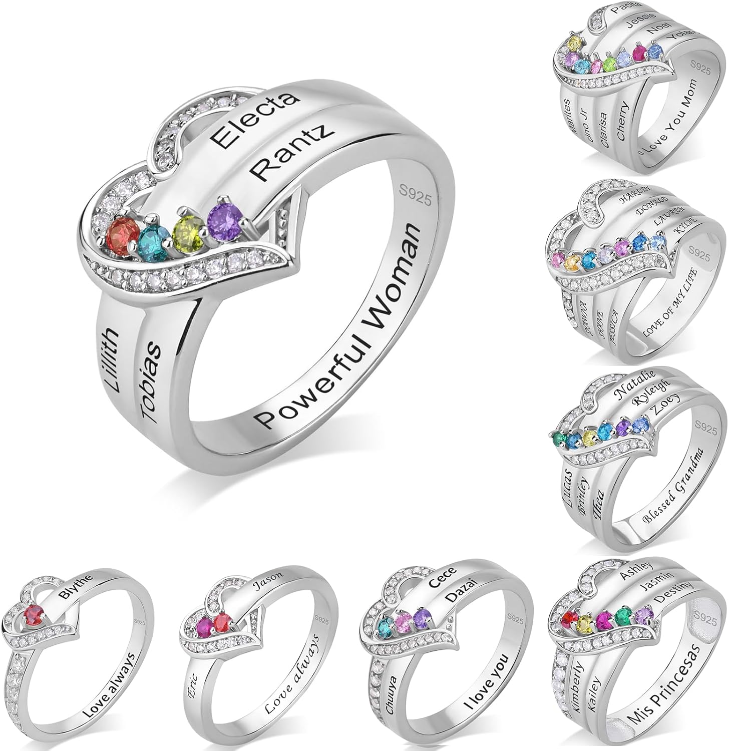Personalized Birthstone Rings for Women Custom Engraved Name Ring with 1-8 Birthstones Jewelry Gifts for Mother Daughter Mom Heart Gemstone BFF Friendship Name Rings