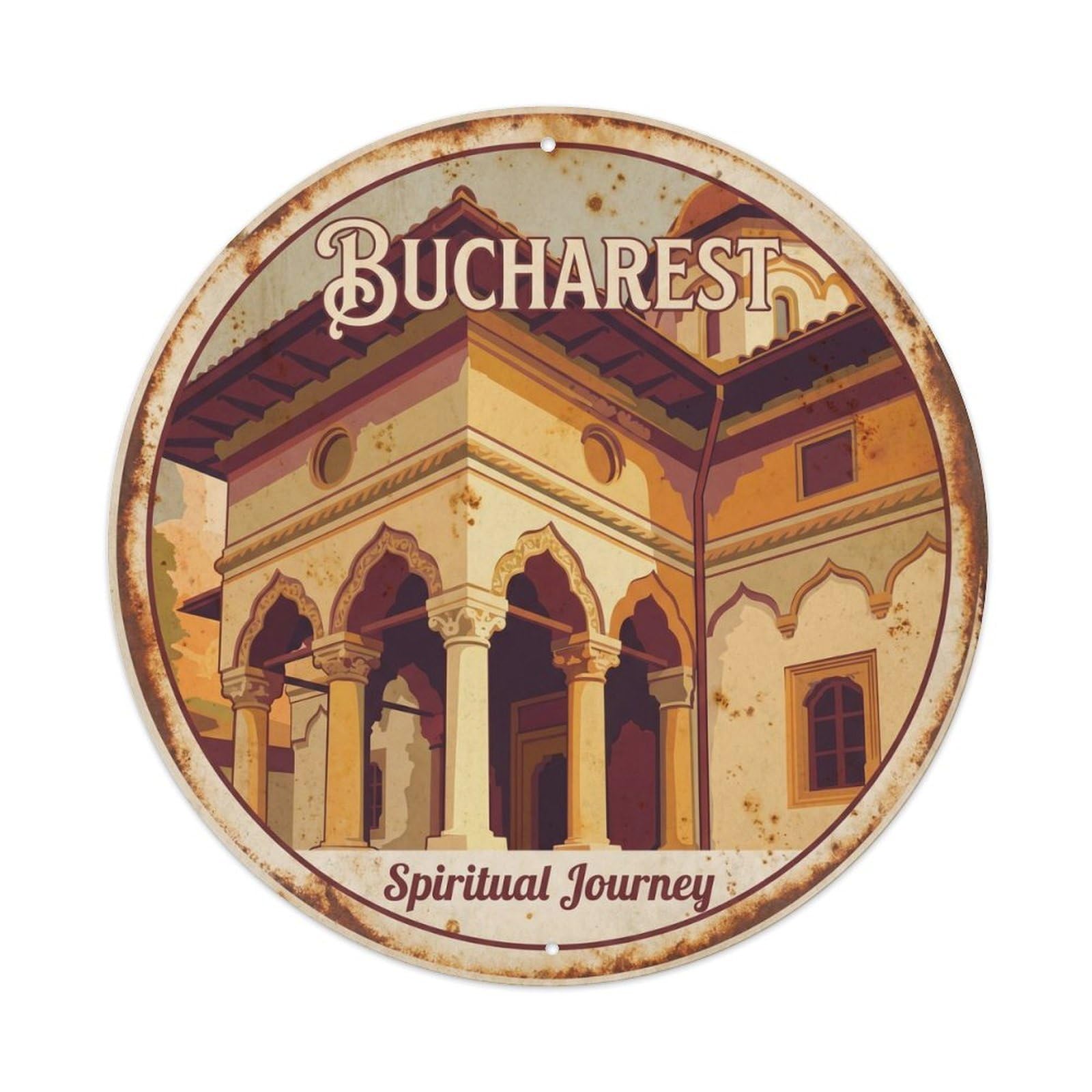 Vintage Travel Bucharest Monastery Journey Metal Tin Sign