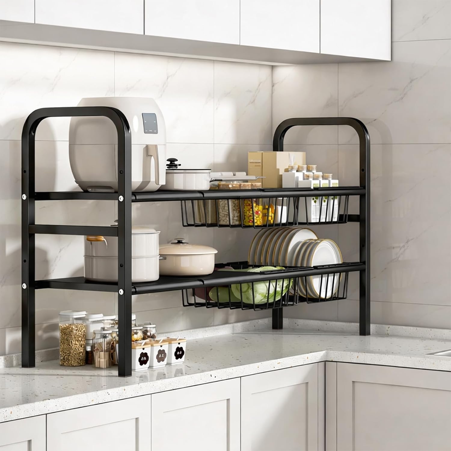 Expandable Under Sink Organizer 26.8 to 35.8 Inches Wide, 2 Tier Carbon Steel Storage Rack for Double Sink Cabinet, P-Trap and Garbage Disposal Friendly, No Tools Required (Black)