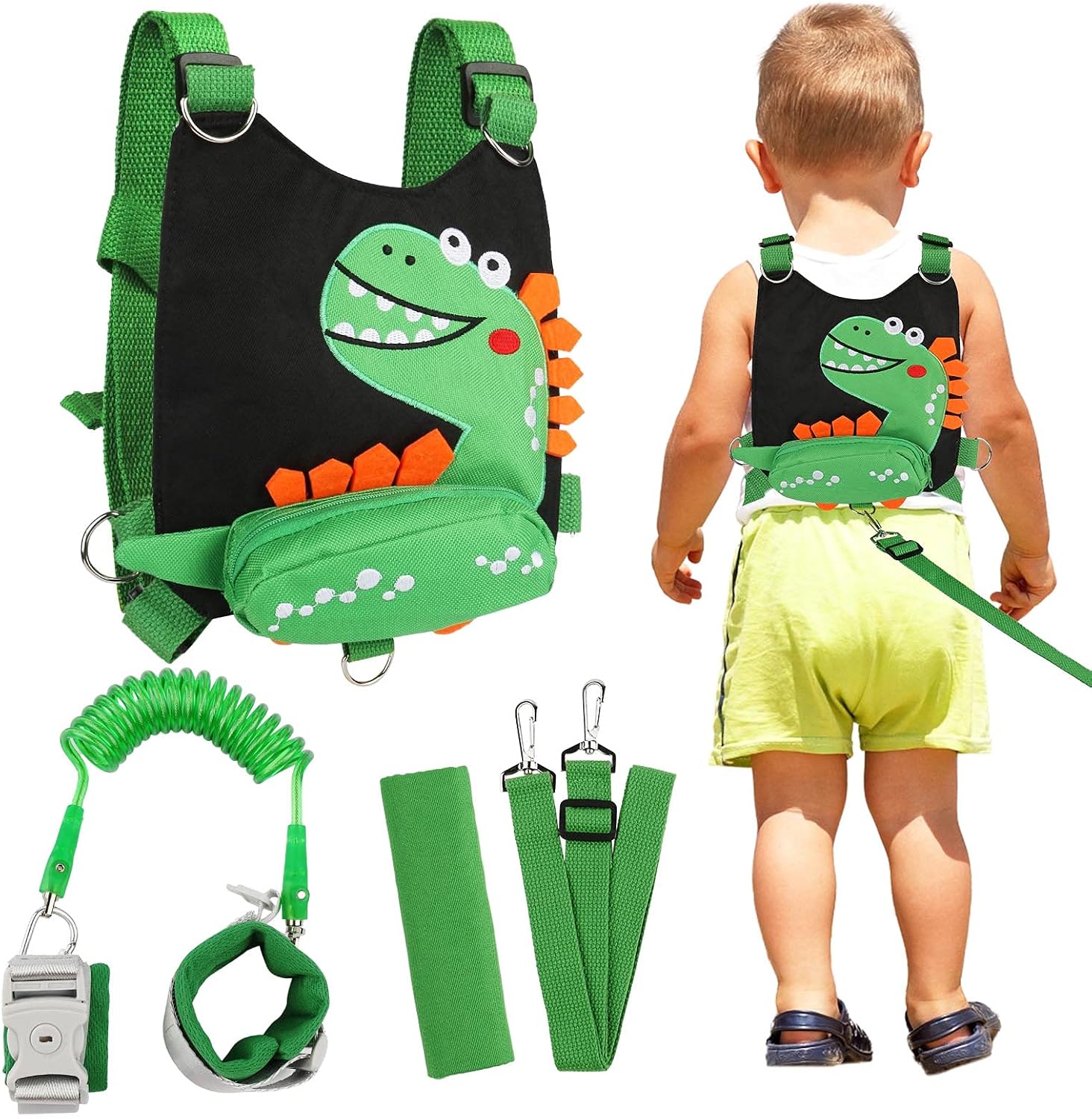 Toddler Backpack Leash Dinosaur 4-in-1 Anti Lost Wrist Link with Lock Harness Leashes for Kids Zhiwei Child Safety Leash Wristband Walking Assistant Strap Belt for Baby Boys Girls (Black)