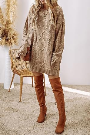 Chvity Women's Cable Knit Sweater Dress Drop Shoulder Long Sleeve Round Neck Casual Loose Fall Textured Pullover Dresses