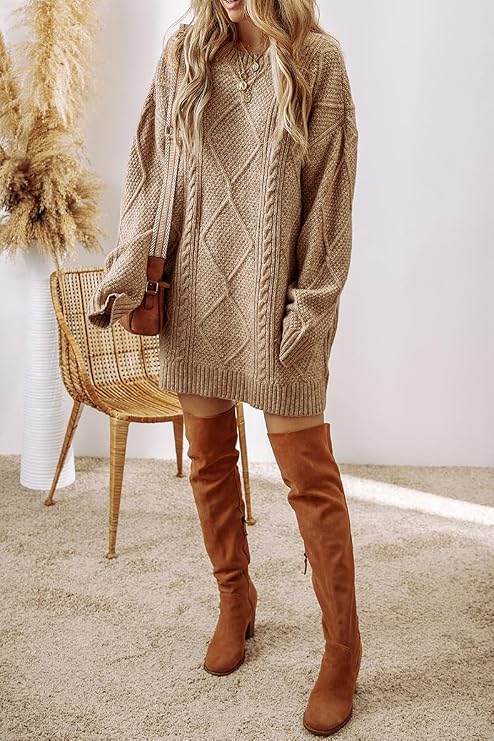 Chvity Women's Cable Knit Sweater Dress Drop Shoulder Long Sleeve Round Neck Casual Loose Fall Textured Pullover Dresses