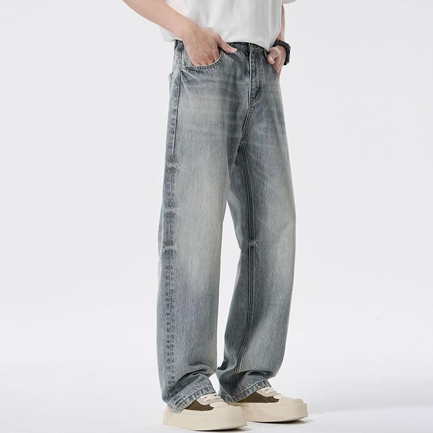 Men Casual High Waist Wide Leg Jeans Y2K Loose Street Straight Denim Pants Outdoor Hip Hop Skater Carpenter Jeans