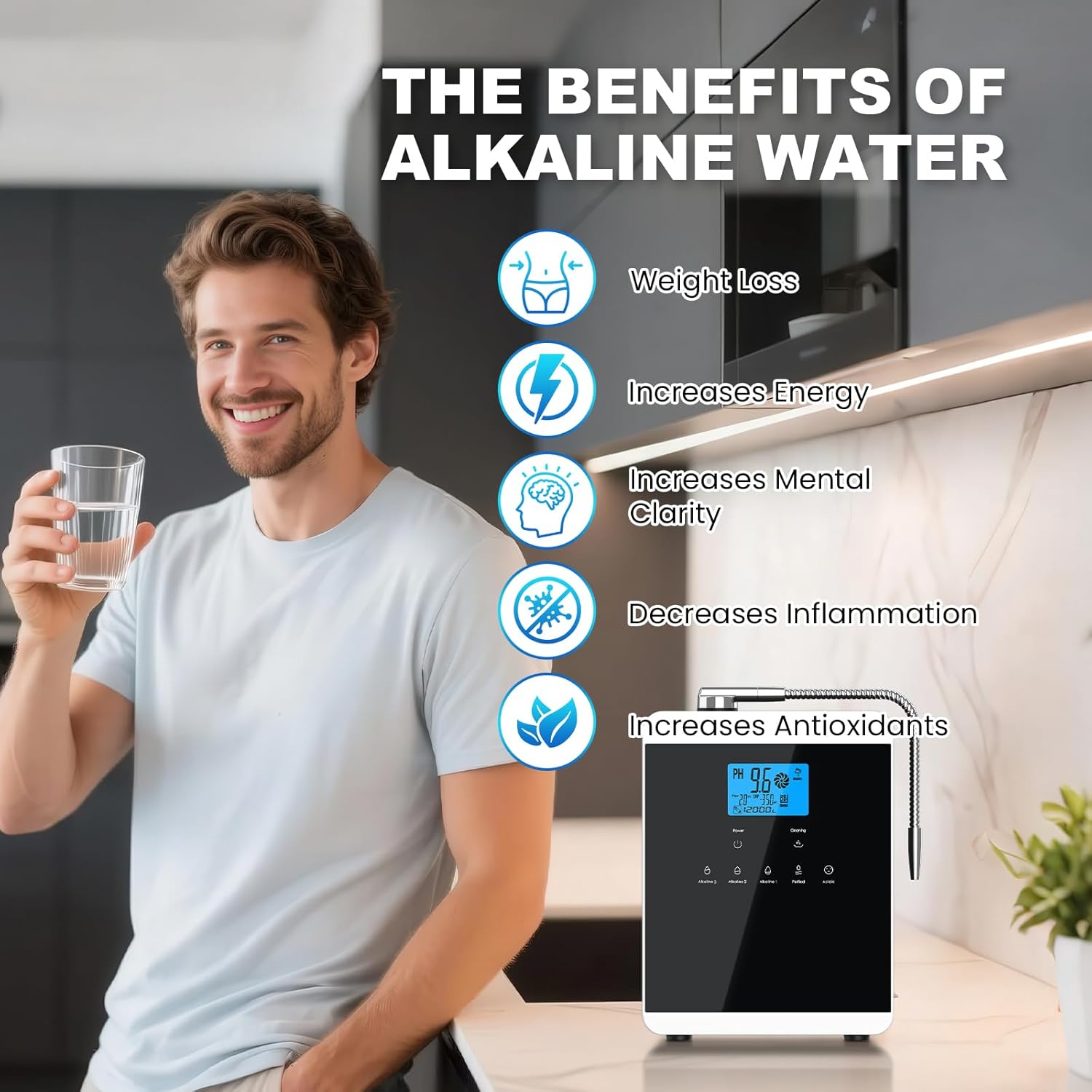Alkaline Water Ionizer Machine, 3 Replacement Water Filters, 11 Titanium Plates, PH 3.5-10.5 for Alkaline & Acidic Water, Self-Cleaning, Up to - 600mV ORP, 10000 Liters Per Filter, for Home Use