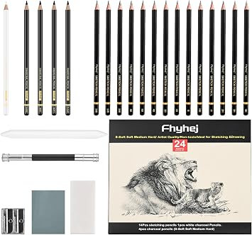 24-Piece Drawing Pencil Set - 14 Graphite Sketch Pencils 14B-4H, 4 Charcoal Pencils, White Charcoal Pencil & Art Supplies, Sketch Pencils for Drawing, Shading, Sketching for Beginners & Artists
