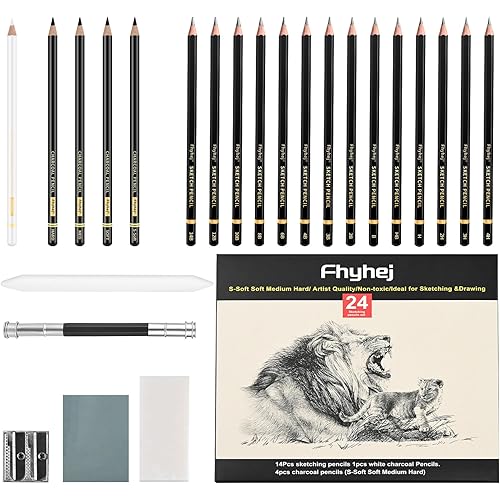 24-Piece Drawing Pencil Set - 14 Graphite Sketch Pencils (14B-4H), 4 Charcoal Pencils, White Charcoal Pencil & Art Supplies, Sketch Pencils for Drawing, Shading, Sketching for Beginners & Artists
