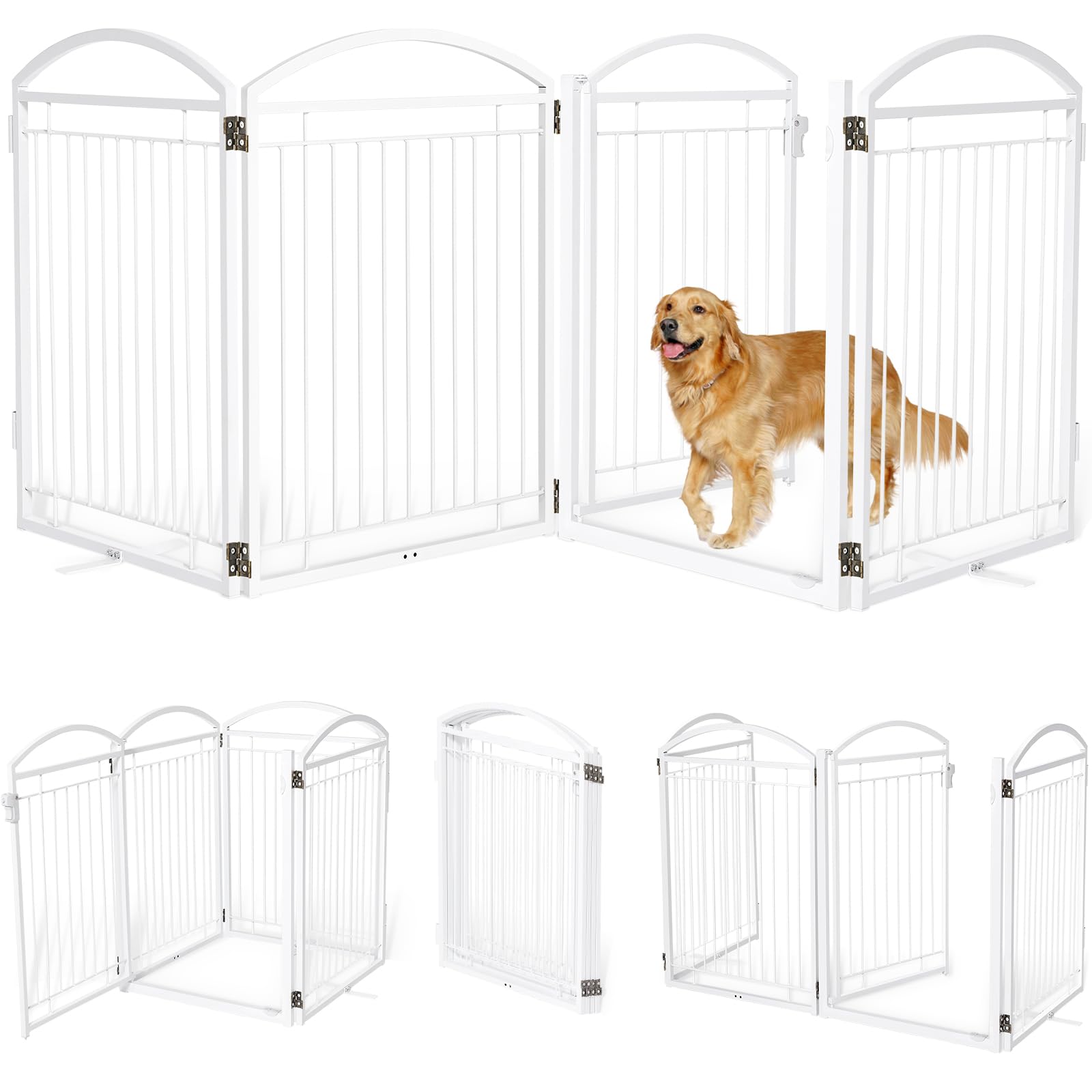 Full Metal Free Standing Dog Gate with Door for Outdoor Indoor,96'' Extra Wide 36'' Tall Dog Gates for Doorways,Large Openings,Decks,Porch,Freestanding Portable Pet Fence(4 Panels,White)