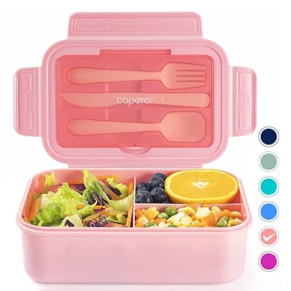 Caperci Bento Box Adult Lunch Box for Kids with Classic 3 Compartments - 47oz Leakproof Lunch Containers for Adults/Teens with Utensil, Bento Lunch Box Microwave/Dishwasher Safe, BPA Free - Pink