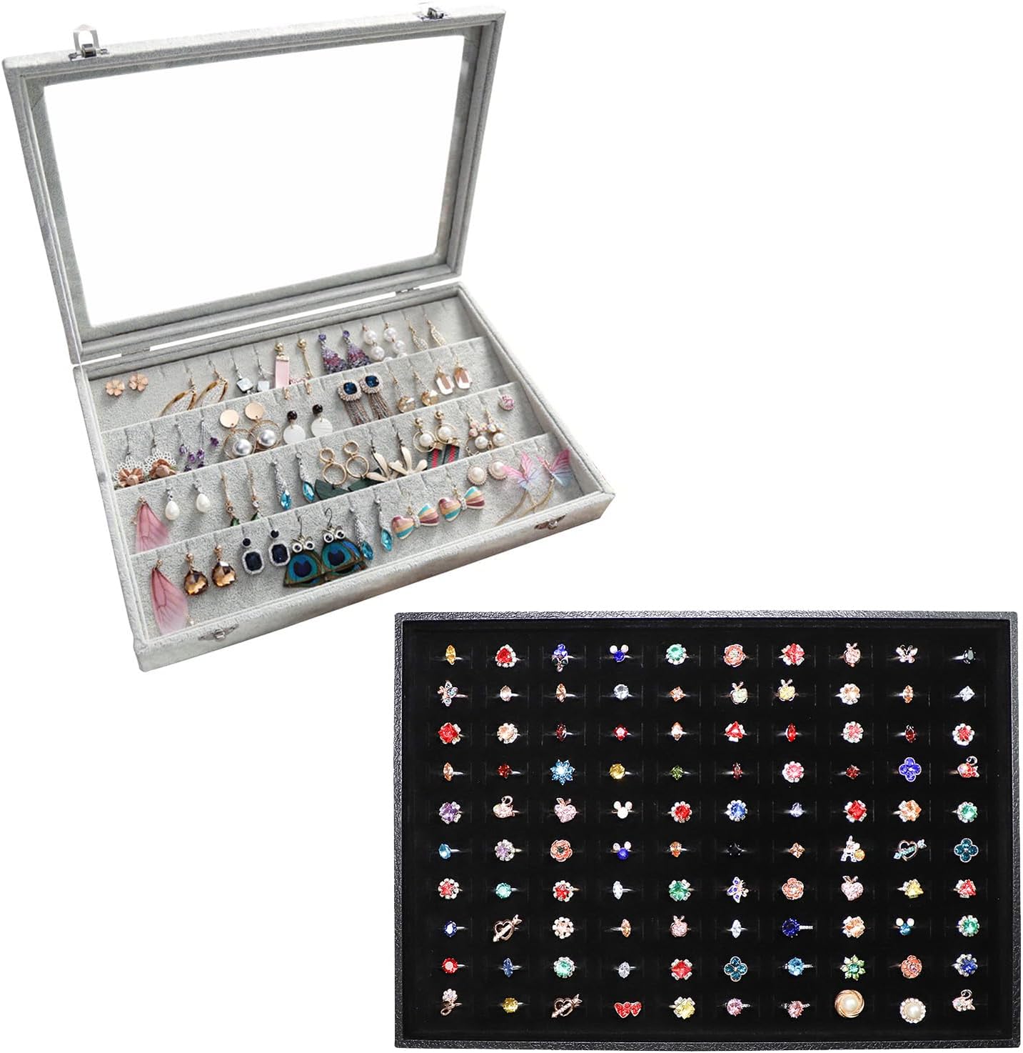 Wudygirl Jewelry Organizer Velvet Earring Holder Organizer Ring Holder Jewelry Tray for Earrings Rings （32 Pairs+100 Slot）