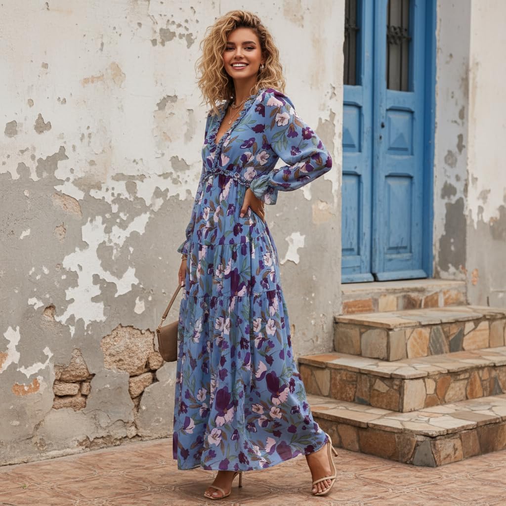 Women's Boho Floral Long Sleeve Maxi Dress, Deep V Neck Empire Waist Flowy Chiffon Dress for Wedding/Vacation/Party - Image 5
