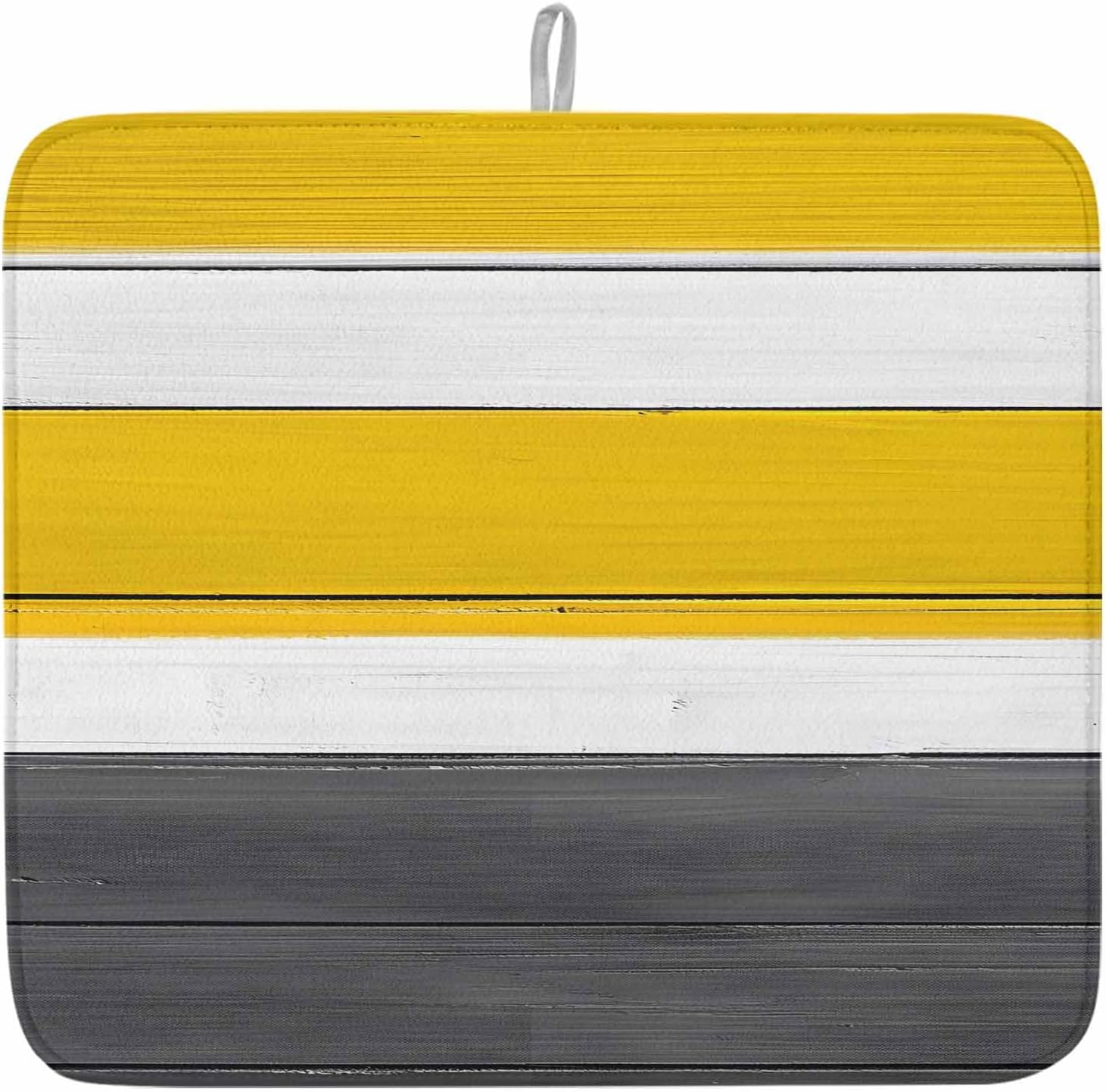 Dish Drying Mat Set of 2 Ombre Wood Grain Microfiber Absorbent Reusable Washable Dish Drying Rack Mat Yellow White Gray Coffee Mat for Coffee Maker Bar Kitchen Countertops 18x24inch