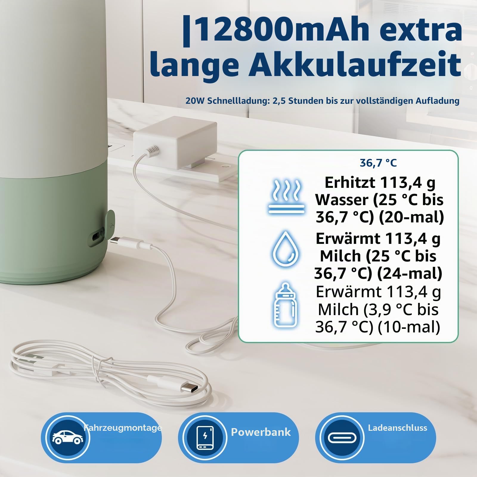 Baby Flaschenwärmer Unterwegs Mobiler Milcherwärmer Mit Akku 500ml USB C | LED Anzeige 1 Grad Präzise Kontrolle 316 Edelstahl Spülmaschinenfest Ideal für Baby Flaschen Unterwegs