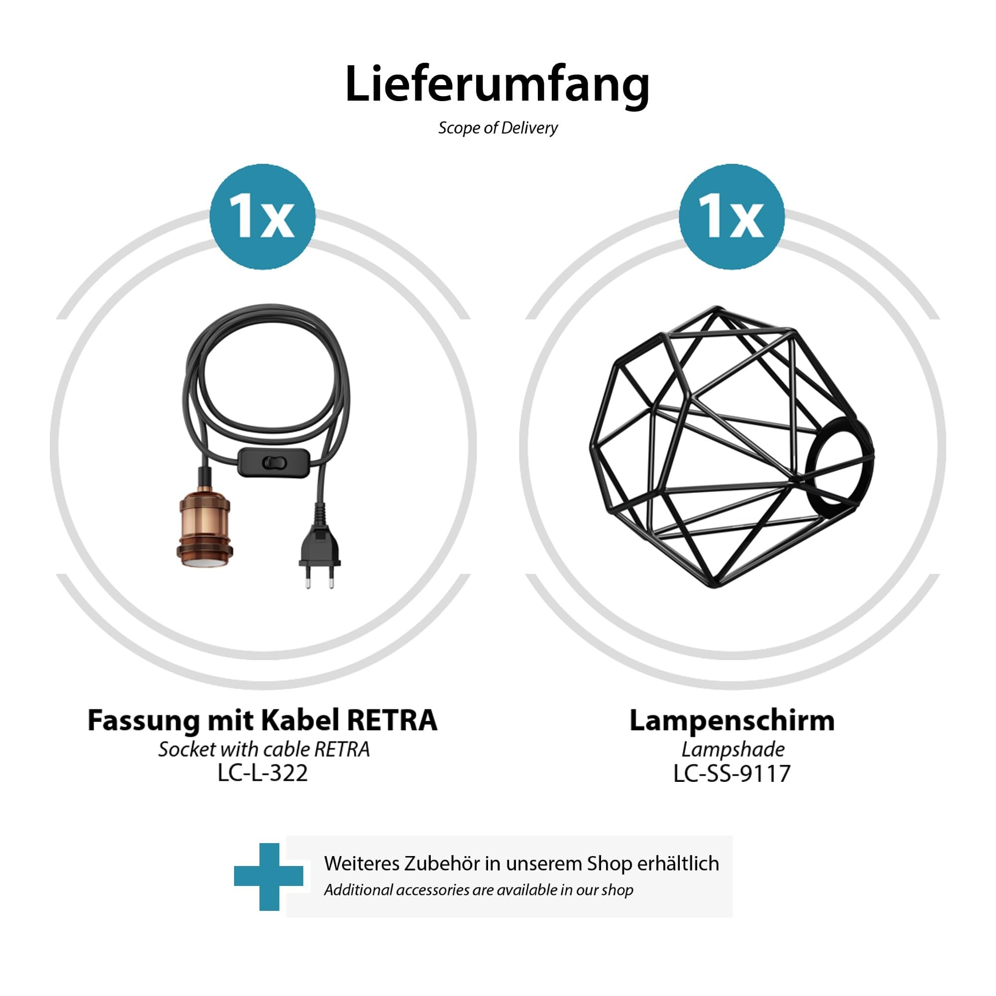 ledscom.de 2x 3 m Textilkabel RETRA, Vintage, Stecker, Schalter, bronze, Käfig-Schirm