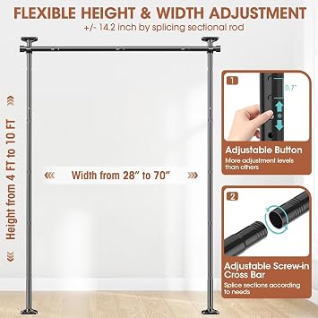SUNALLY Room Divider Curtain Rod, No Drilling Room Separator for Space Partition Adjustable 4-10ft(H) 28-70inch(W) Heavy Duty Temporary Wall Divider Floor to Ceiling Tension Rod, Black | No Drilling Temporary Wall Divider for Space Partition,Adjustable Heavy Duty Floor to Ceiling Tension Curtain Rod for Privacy