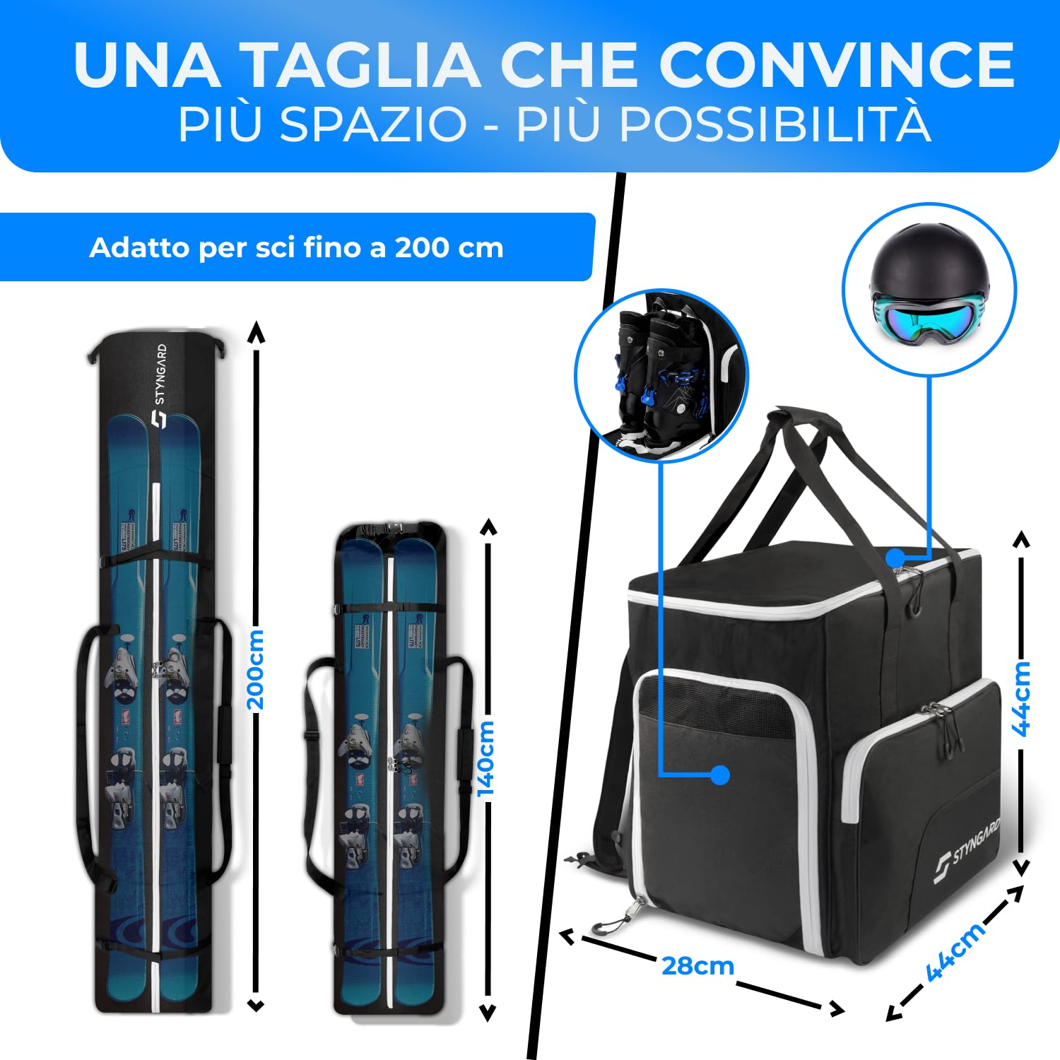STYNGARD Set Borsa da sci per 2 paia di sci [da 140 cm a 200 cm] borsa porta sci e borsa porta scarponi con scomparto per casco [54 L] Modello Salzburg