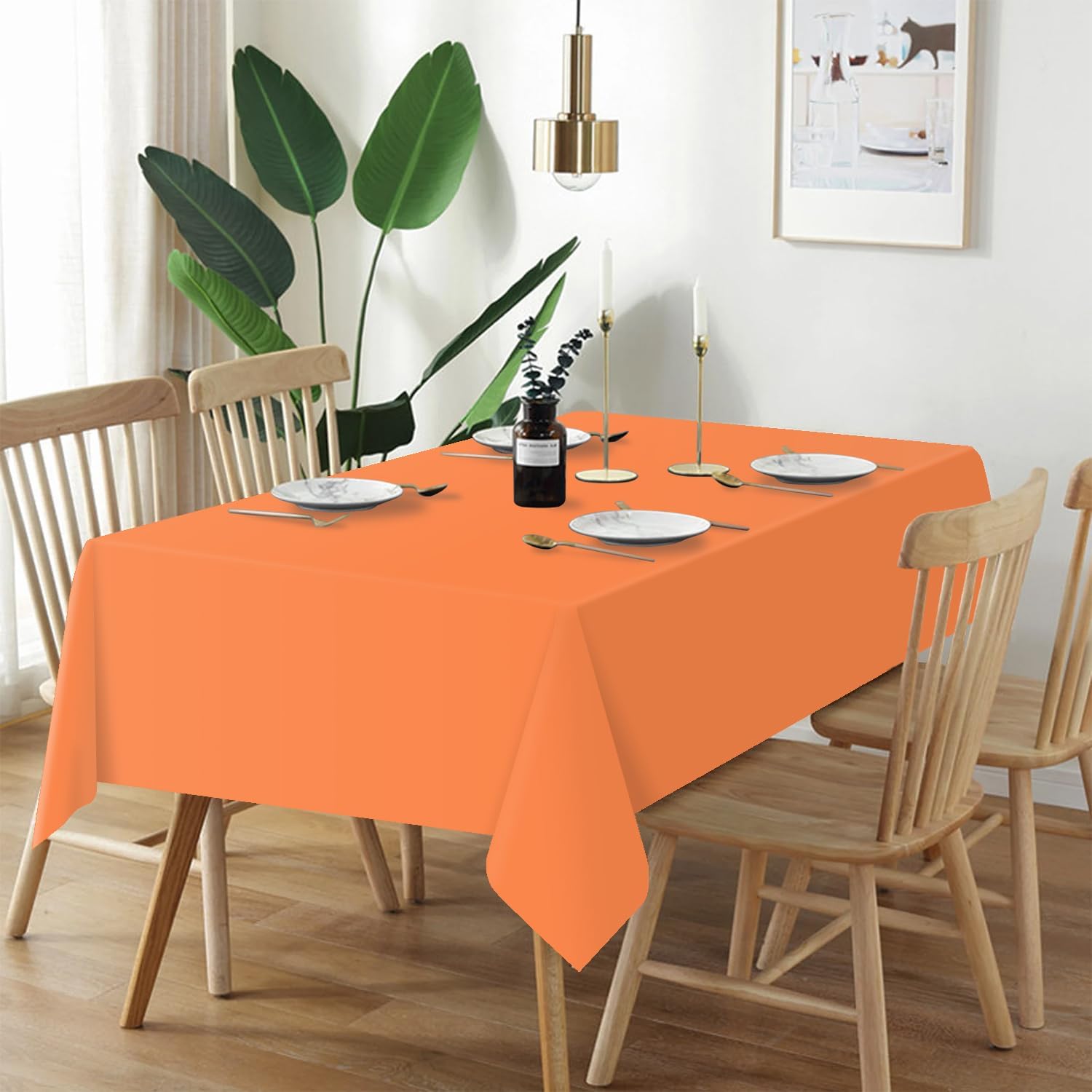 QIKSION 2 Pack Orange Plastic Tablecloth, Orange Table Cloth Disposable image 2