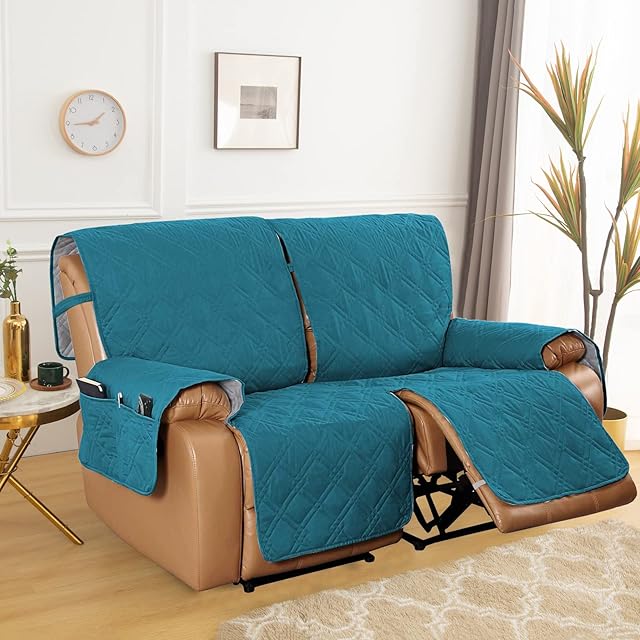 Recliner Chair Cover, Armchair Recliner Cover with Storage,Loveseat Recliner Slipcover for Leather Sofa,Washable Recliner Sofa Protector with Elastic Straps Protect for Pets Kids (2 Seater, Dark Blue)