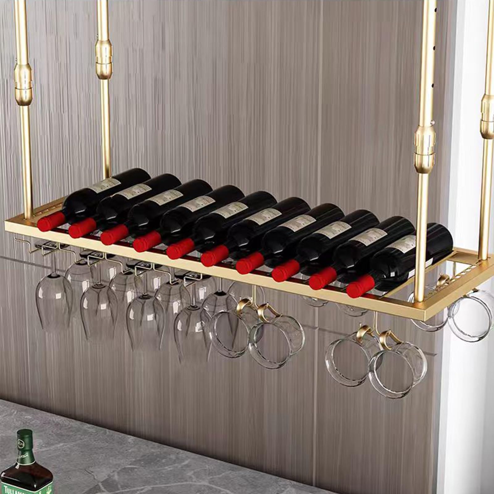 Porte-bouteilles de vin et porte-verres champagne mural doré réglable