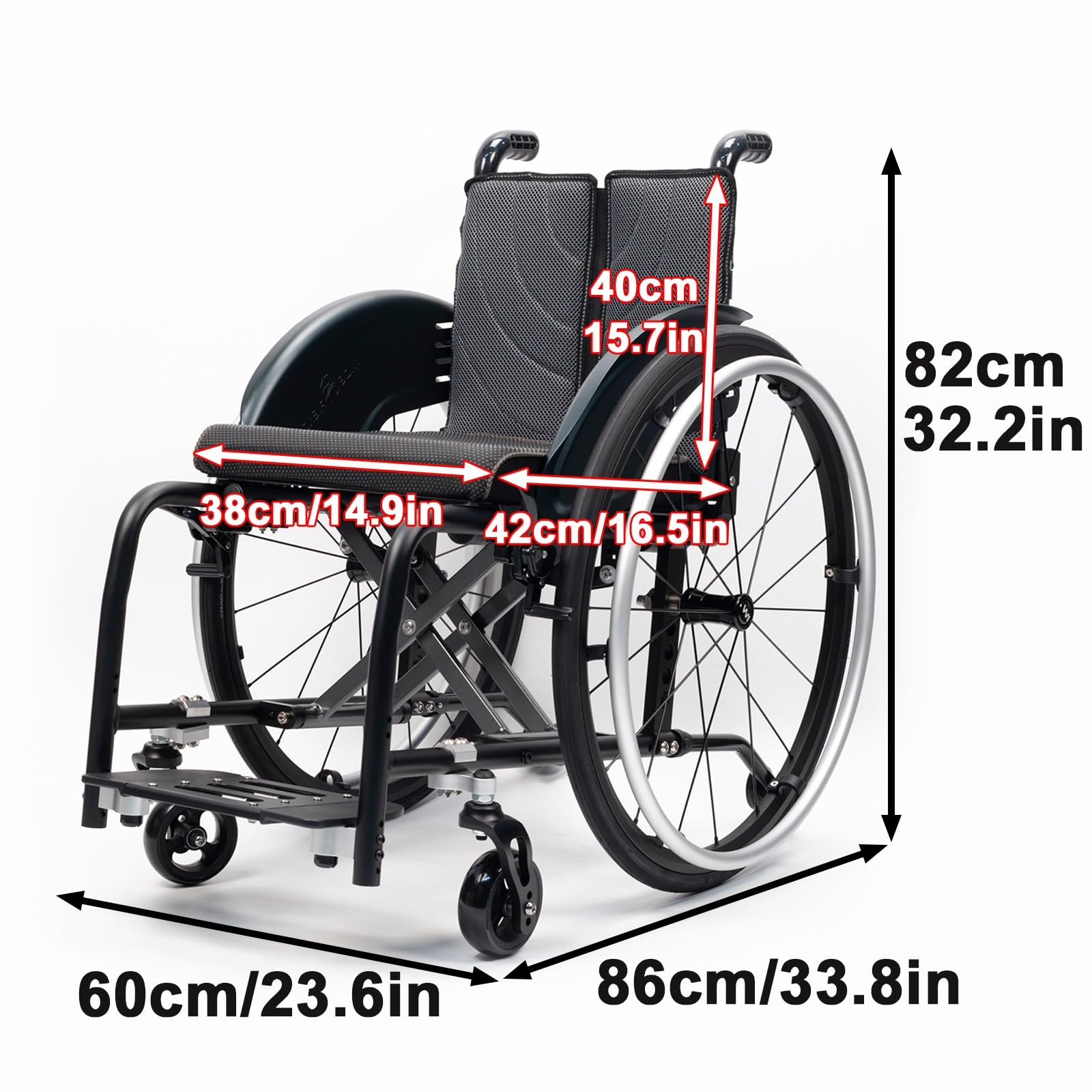 Wózek inwalidzki ze stopu aluminium, lekki, wyposażony w opony terenowe, zdejmowany podnóżek (szerokość siedziska: 38 cm)