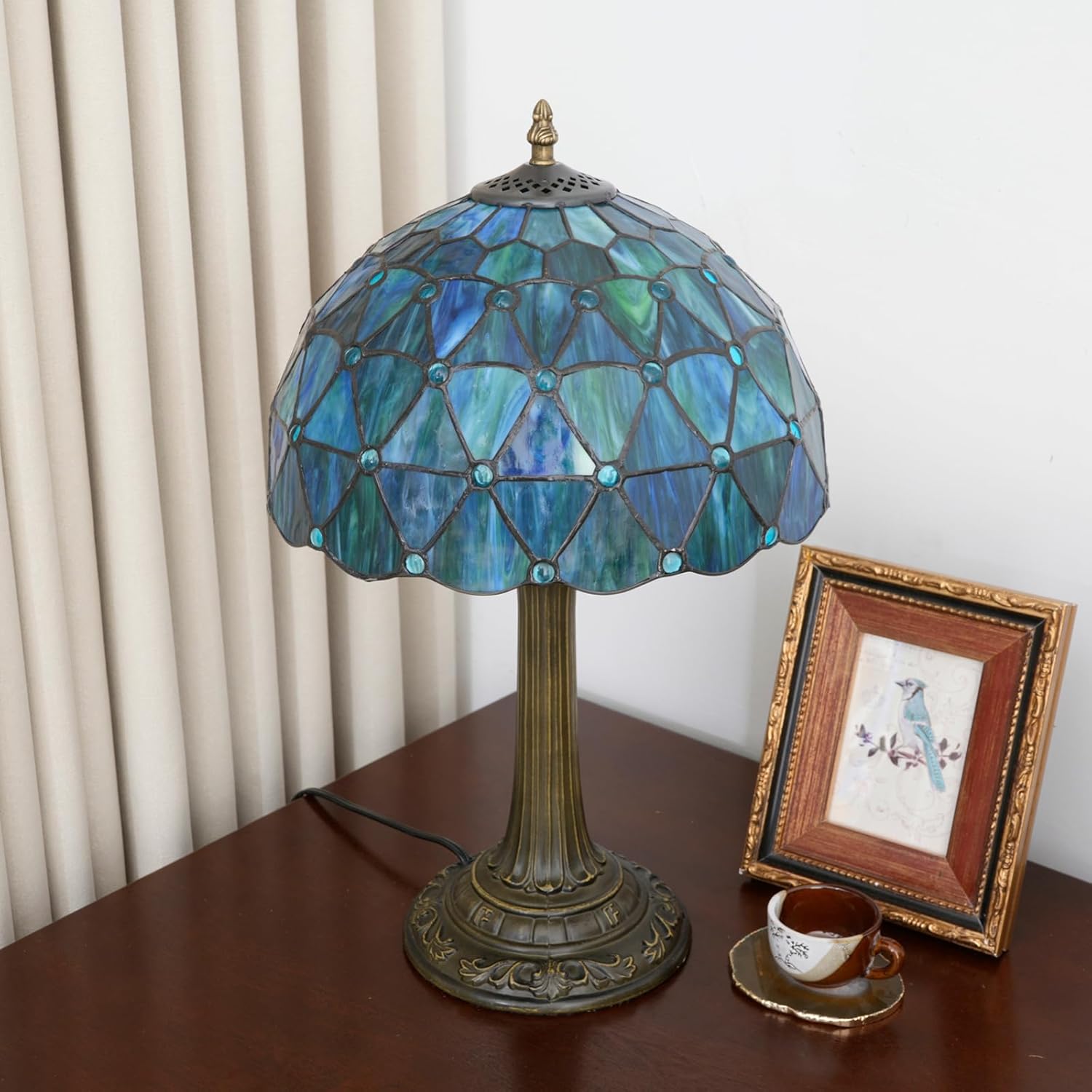 Tiffany Lamp Stained Glass Table Lamp 12X12X18 Inches Sea Blue Style Living Room Bedroom Dorm Kitchen Home Decor Festival Birthday Gift