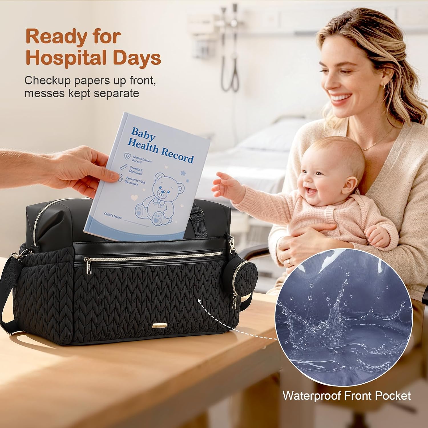 Lekesky Diaper Bag Tote for Mom, 37L Large Diaper Tote Bag, Baby Hospital Bag for Women Labor Delivery, Travel Diaper Bag with Changing Pad, Pacifier Case, Insulated Pockets, Luggage Sleeve, Black
