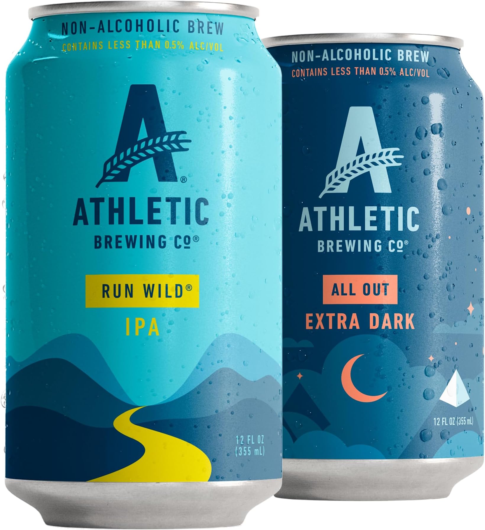 Athletic Brewing Company Craft Non Alcoholic Beer, Vegan IPA & Extra Dark Brew, Low Calorie Brews, 6 Run Wild, 6 All Out, 12 Pack, 12 FL Oz Cans