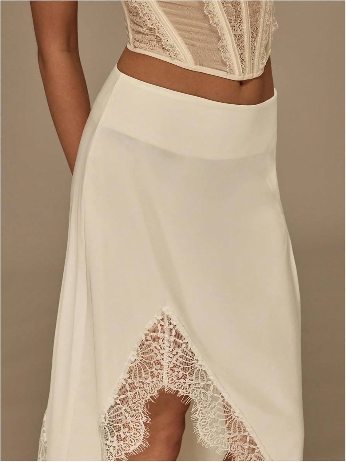 Floerns Women's Elegant Lace Trim Maxi Skirt Y2k Split Asymmetrical Hem Night Out Skirts
