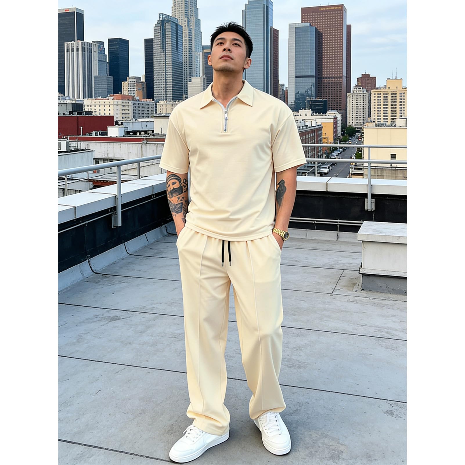 amropi Estiva Sportiva Tuta Uomo Maniche Corte Maglietta con 1/4 Cerniera e Pantaloni da Jogging 2 Pezzi Set