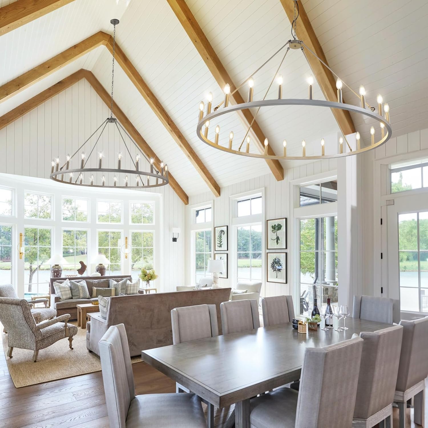 WJShome 24-Light Silver Wagon Wheel Chandelier Farmhouse, 54" Extra Large Chandeliers for High Ceilings, Rustic Round Chandeliers for Dinning Room, Kitchen Island, Entryway, Foyer, Living Room,Bedroom