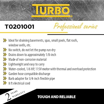 Turbo 1/6HP Submersible Utility Pump without Switch