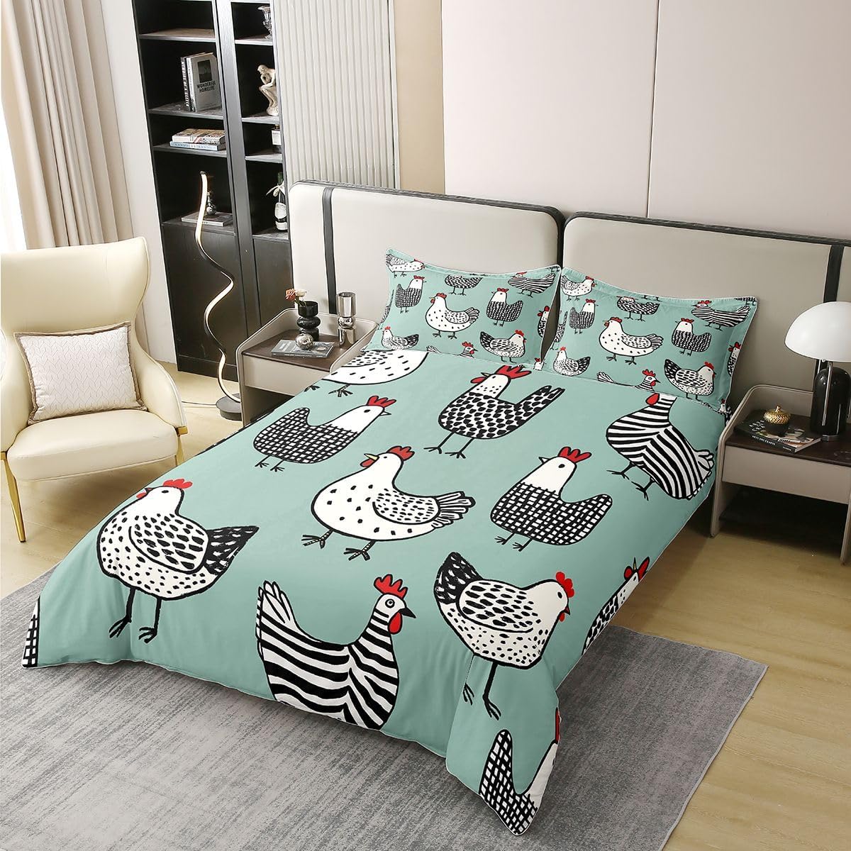 Erosebridal 100 Percent Cotton Chicken Duvet Cover Twin, Cartoon Chick Bedding Set for Kids Boys Girls, Cute Farmhouse Animal Comforter Cover, Teal Black Lightweight Bedroom Decor Quilt Cover