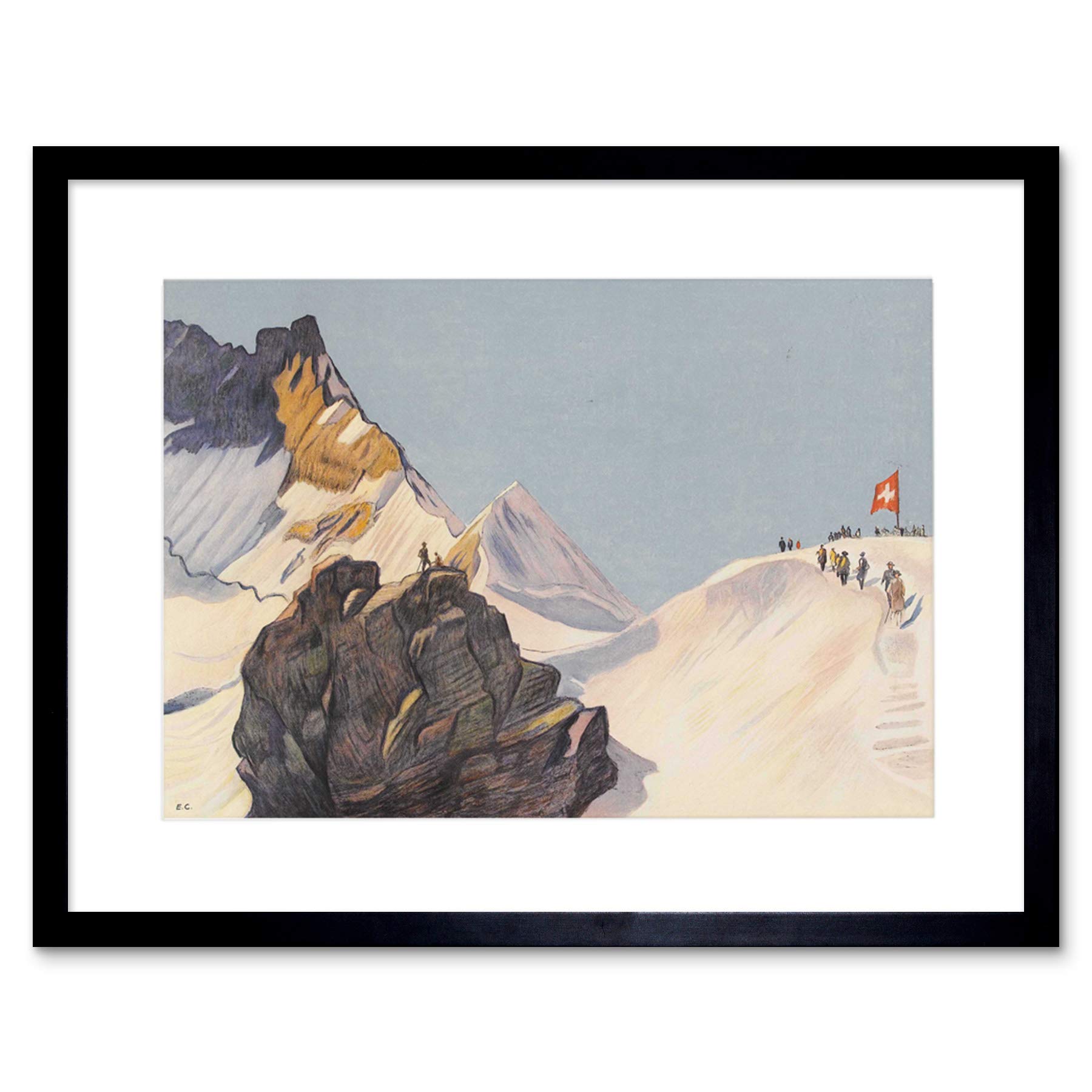 Wee Blue Coo Painting Winter Scene Swiss Alps Mountain Jungfrau Flag Framed Wall Art Print