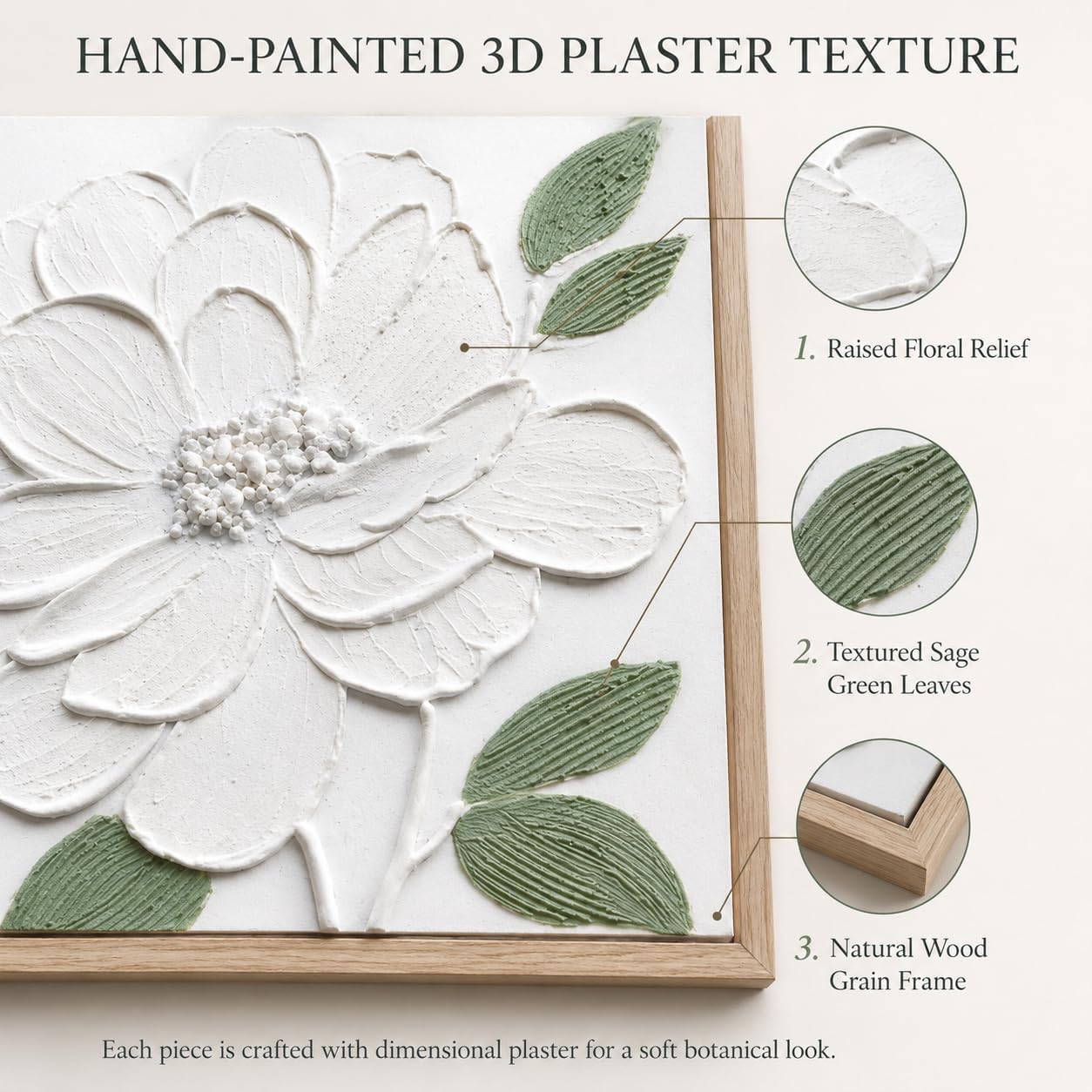 Artiluxy Textured Plaster Wall Art Set of 2, 16x16 Framed Botanical Relief Flower Decor, Handcrafted 3D White Floral Panels with Natural Wood Frame for Bedroom Bathroom Entryway Living Room