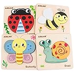 Wooden Toddlers Puzzles Animals Shape Puzzle Educational Toys Gift for Boys Girls Baby Travel Daycare Portable Toy with Drawstring Bag Pack of 4