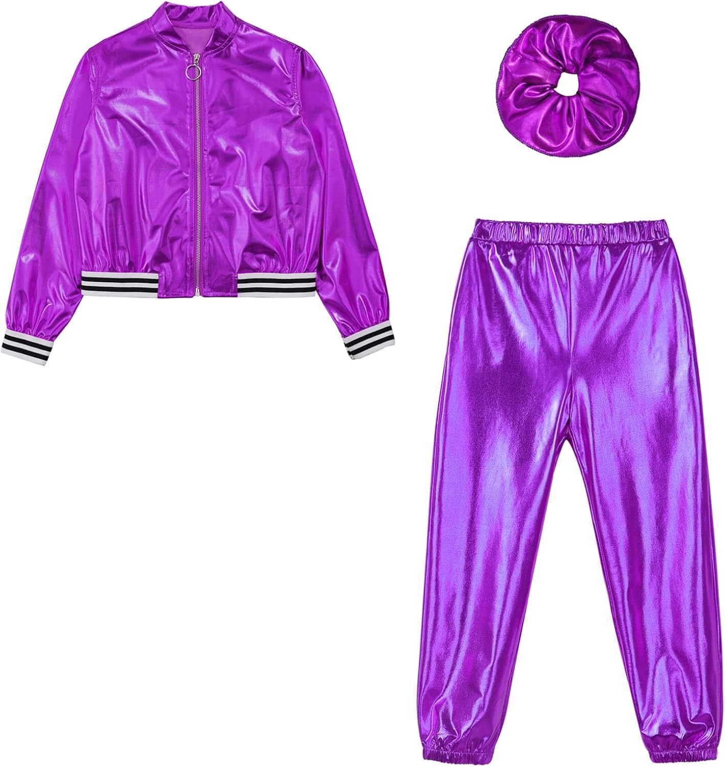 Hansber Kids Girls Long Sleeves Bomber Jacket and Sweatpants with Hair Tie Set Jazz Hip Hop Dance Costumes Dancewear