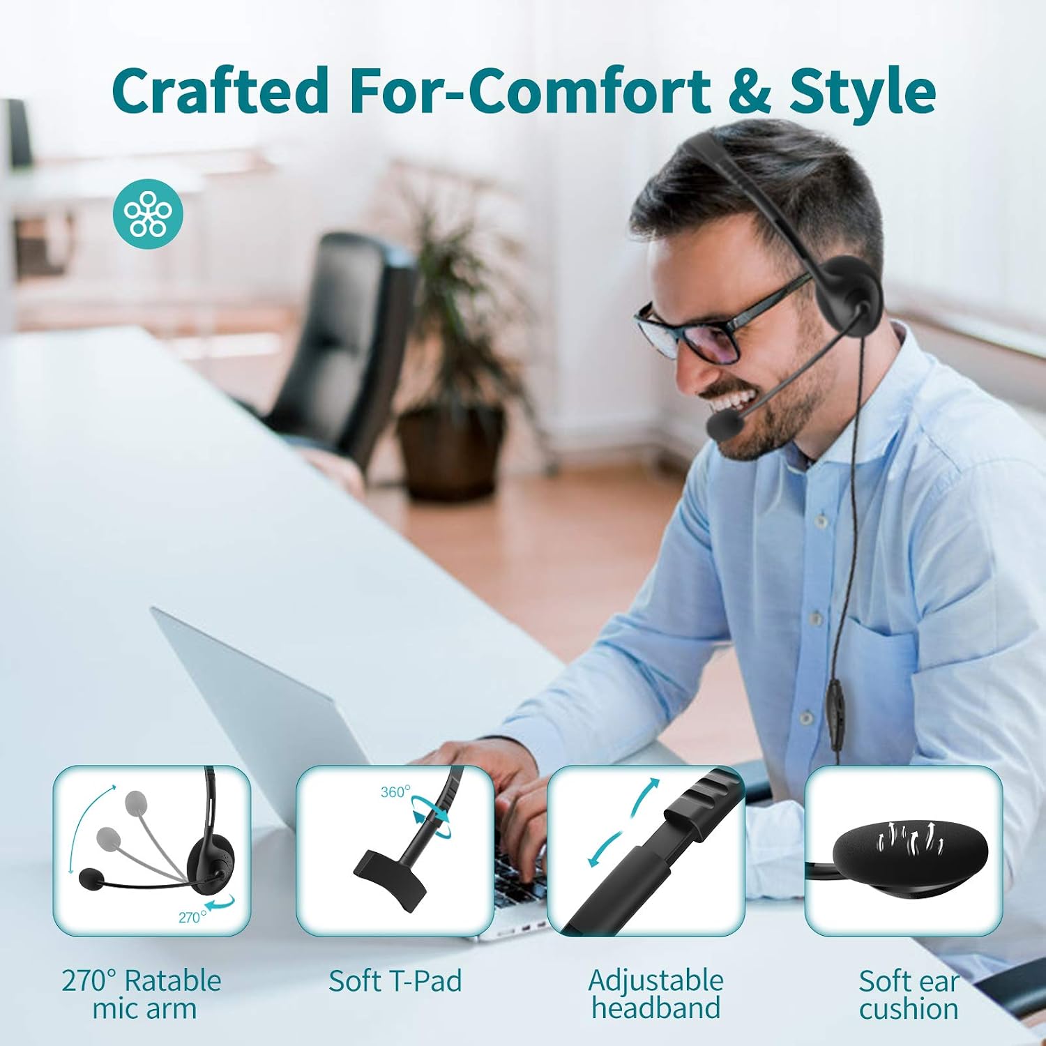 EBODA USB Headset / 3.5mm Computer Headsets with Microphone, Single-Sided, 270 ° Boom Mic for R/L Ear, in-line Control Headphones for PC/Laptop/Skype/Computer