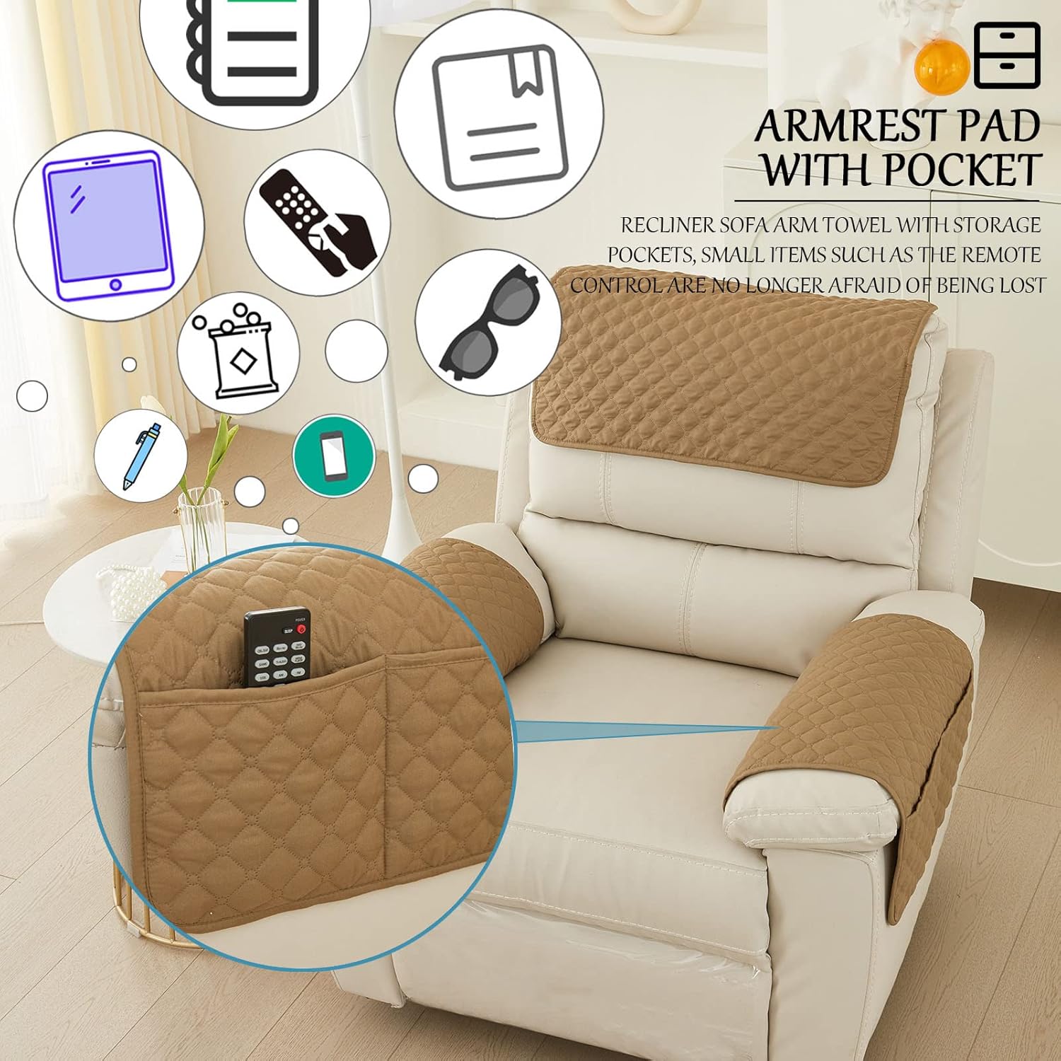 Sofa Armrest Cover, Headrest Cover for Recliner Chair Arm Cover, Armchair Slipcover with Pockets, Nonslip Quilted Furniture Protector for Pets Leather Sofa Couch (Khaki,2 Seater(4pcs))