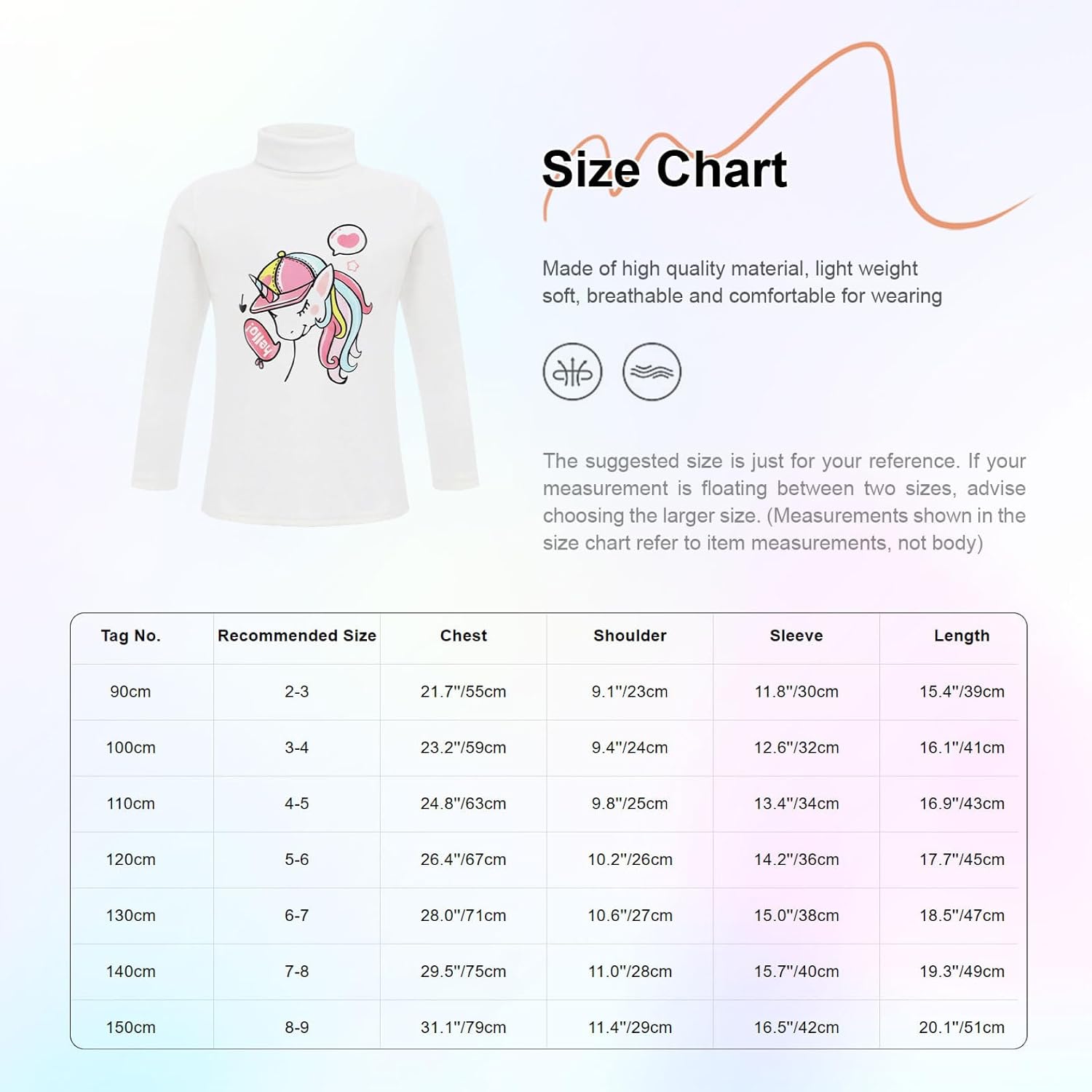 Kids Girls Long Sleeve Base Layer Thermal Shirts High Neck Colorful Cartoon Print Top for Outdoor Sports